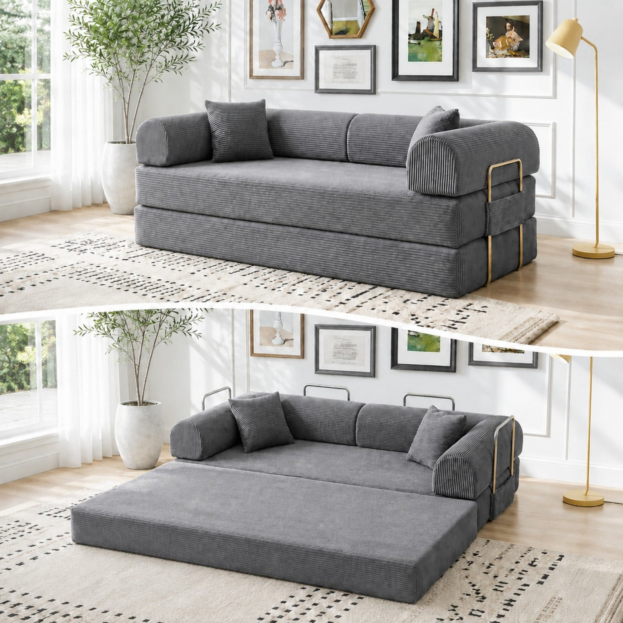DEALTOPS 79" Convertible Corduroy Floor Sofa Bed, Modular Sleeper Couch with Memory Foam, Gray