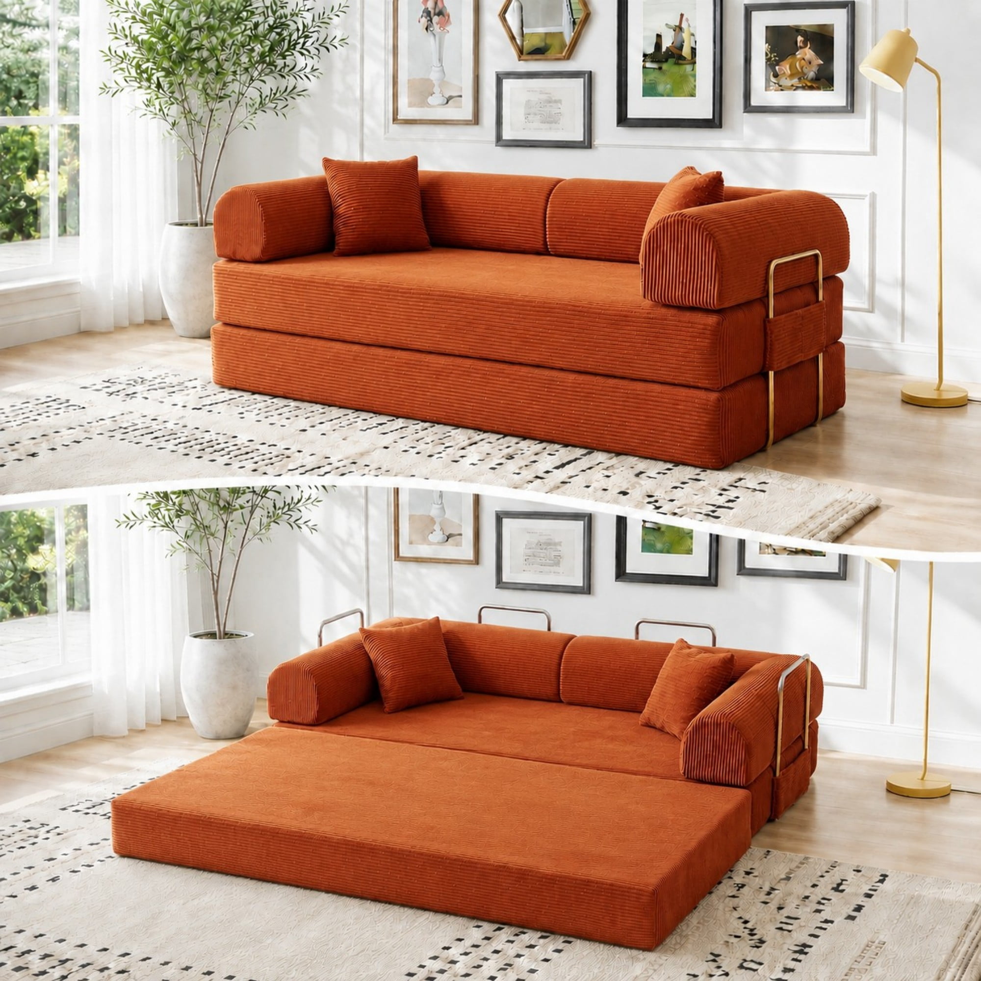 DEALTOPS 79" Convertible Corduroy Floor Sofa Bed, Modular Sleeper Couch with Memory Foam, Orange