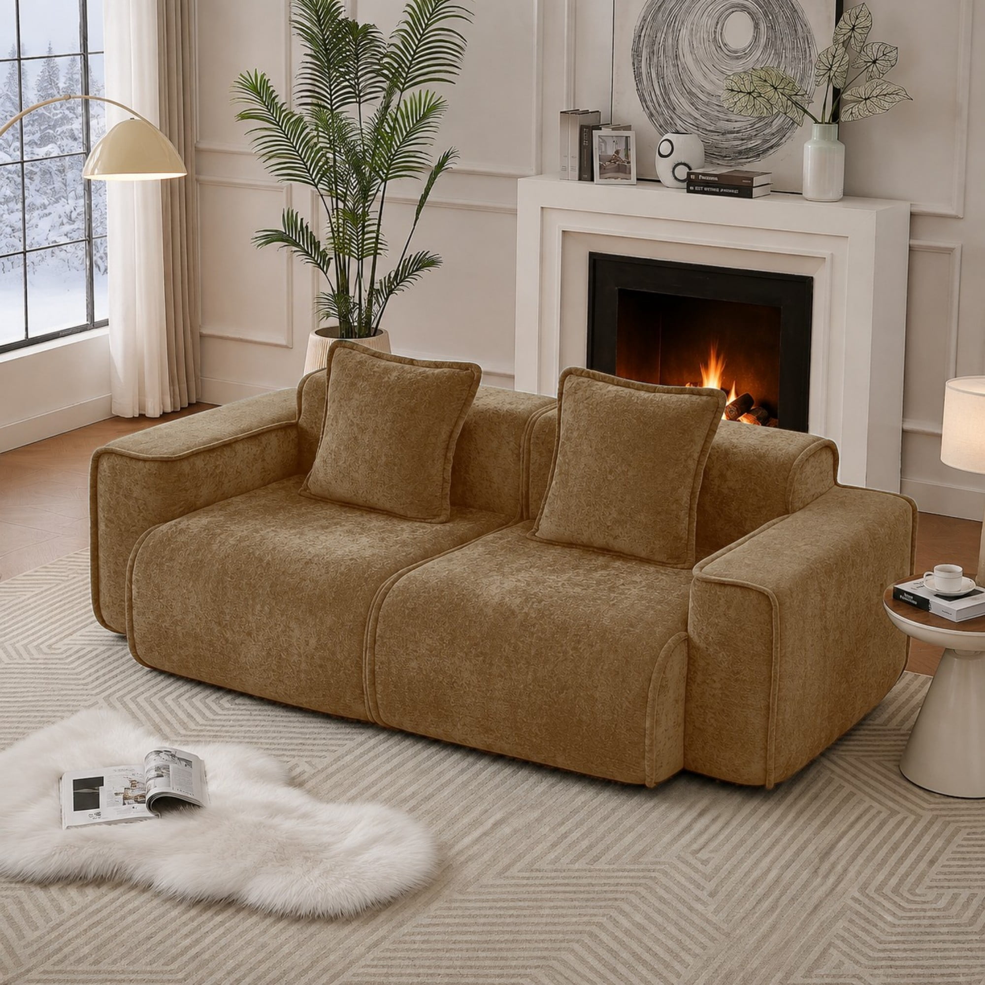 DEALTOPS 79" Modern Velvet Cloud Couch, 2-Seater Modular Loveseat with 2 Pillows, Brown