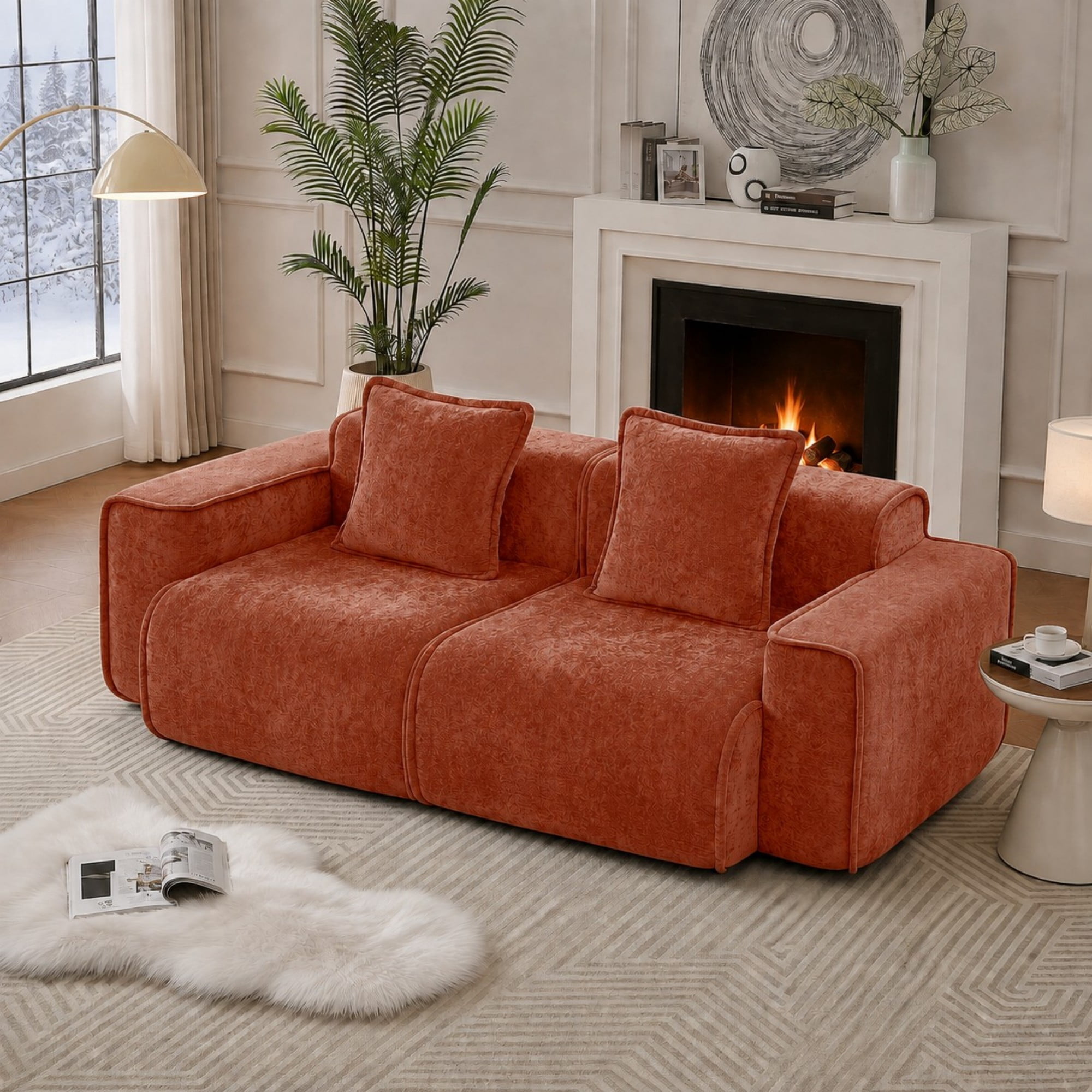 DEALTOPS 79" Modern Velvet Cloud Couch, 2-Seater Modular Loveseat with 2 Pillows, Red