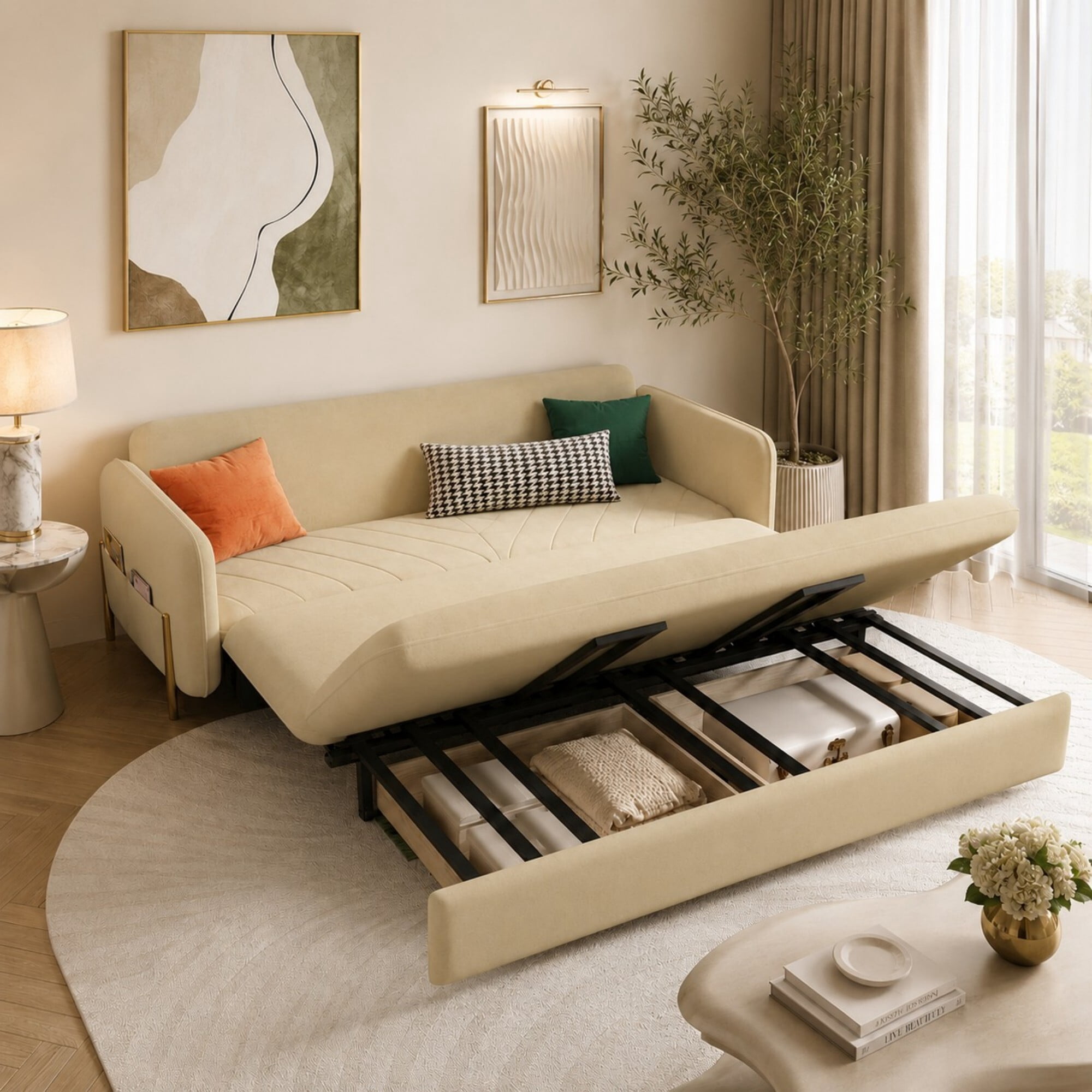 DEALTOPS 79" Pull Out Sofa Bed with Storage Drawers, Velvet Sleeper Sofa Couch, Beige