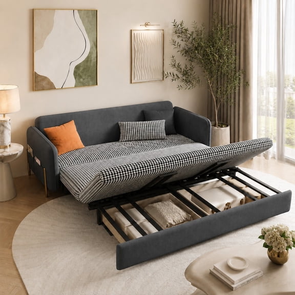 DEALTOPS 79" Pull Out Sofa Bed with Storage Drawers, Velvet Sleeper Sofa Couch, Gray