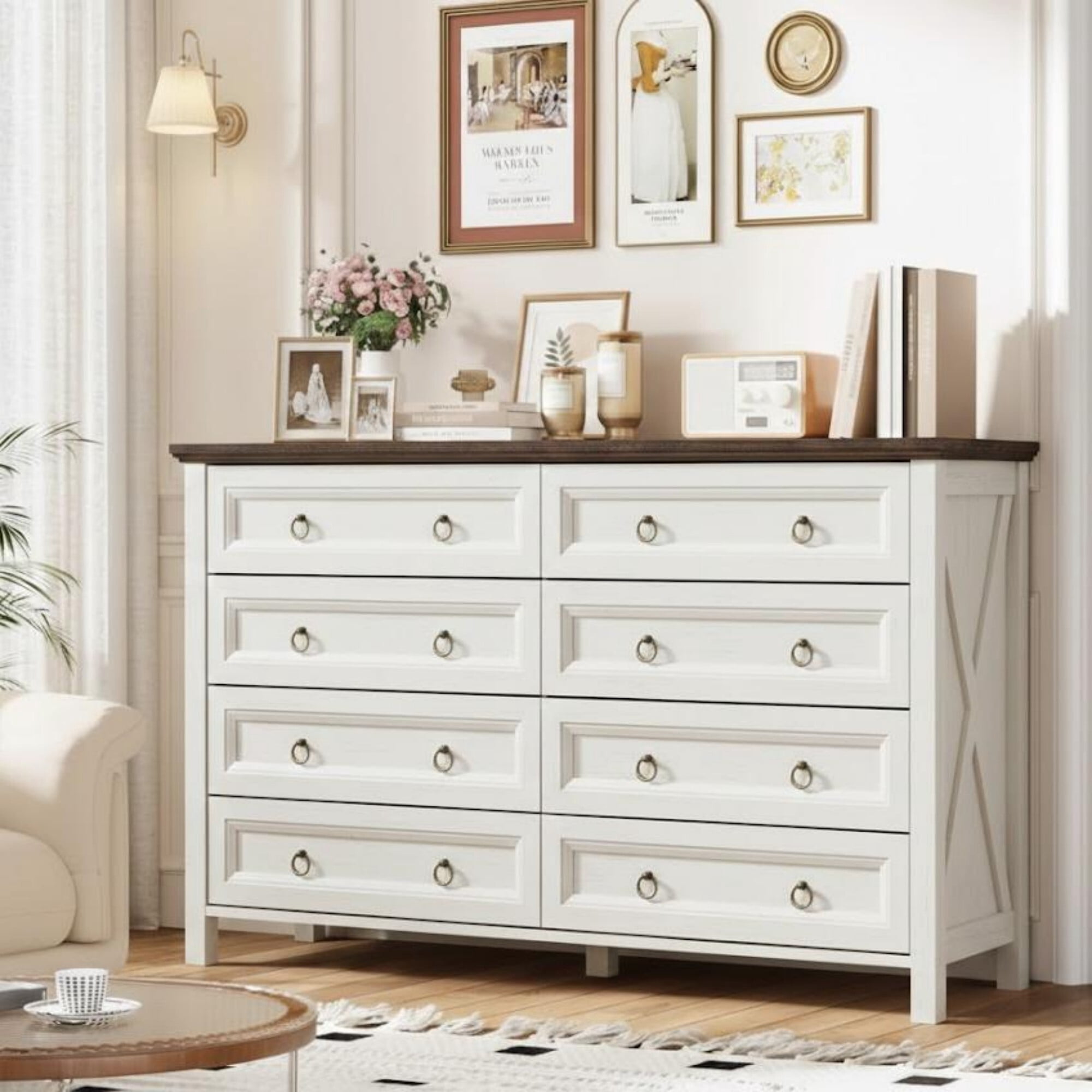 DEALTOPS 8-Drawer Farmhouse Dresser, 54" Wide Wood Storage Chest Bedroom Organizer with Metal Handles, White
