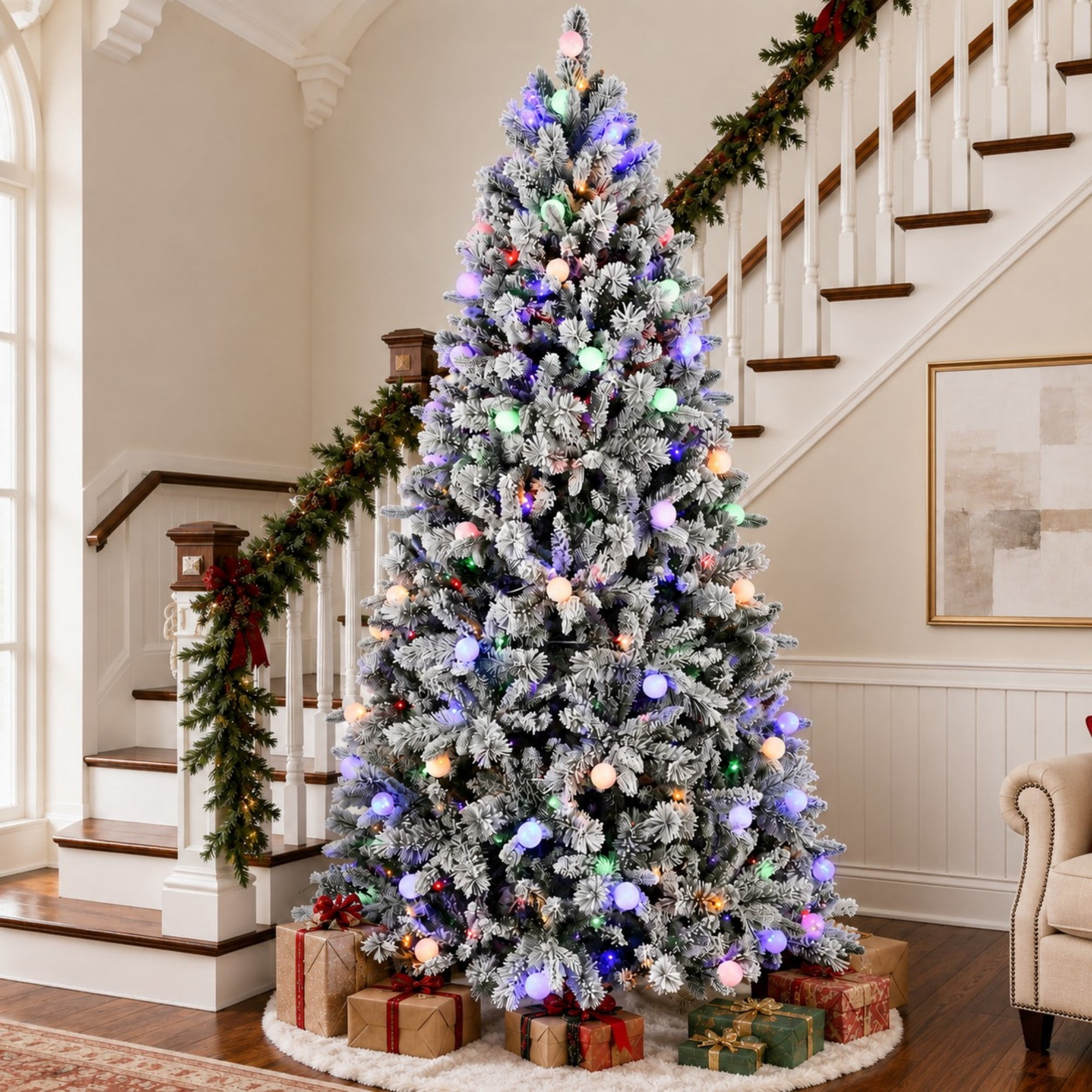 DEALTOPS 8 FT Pre-Lit Flocked Artificial Christmas Tree with 470 G45 LED Lights, 10 Modes & 1793 Tips
