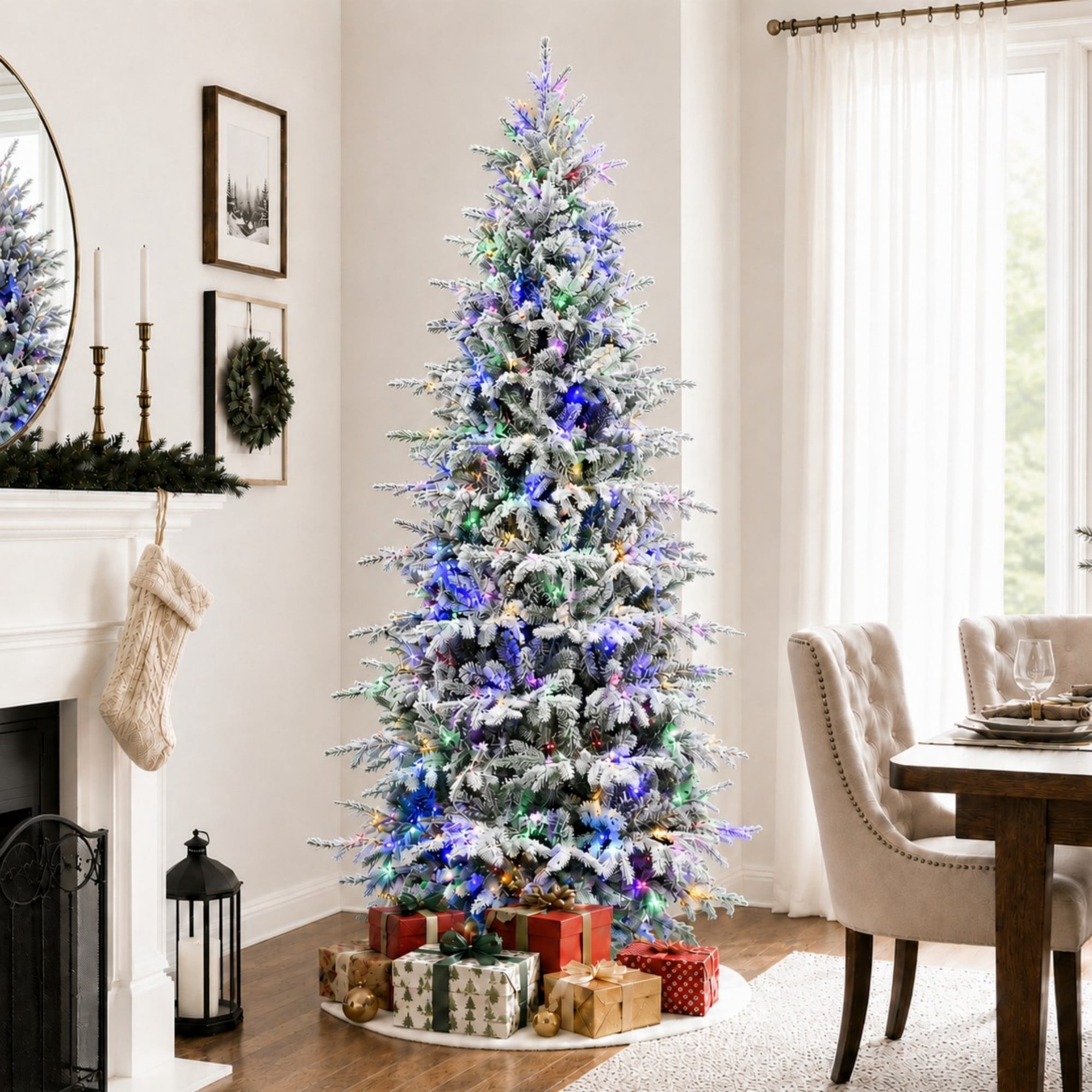 DEALTOPS 8 FT Snow-Flocked Pre-Lit Artificial Christmas Tree with 520 Color-Changing 9-Mode LEDs, 3136 Tips