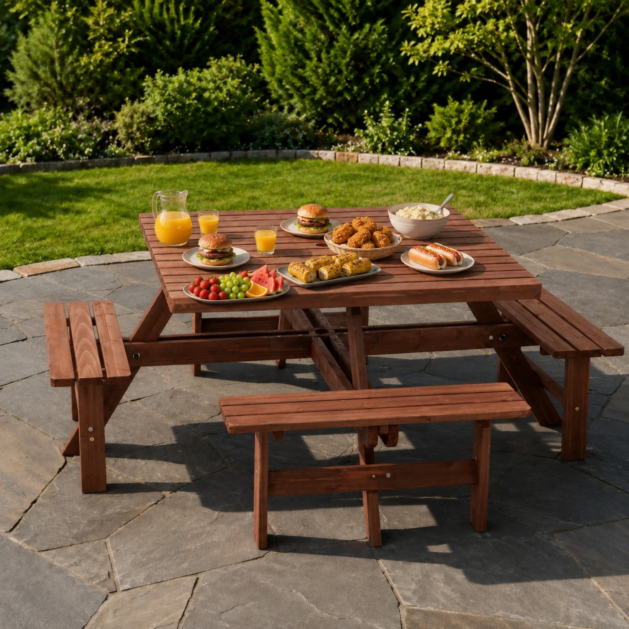 DEALTOPS 8-Person Solid Wood Square Picnic Table Set with Umbrella Hole & 4 Built-in Benches for Patio