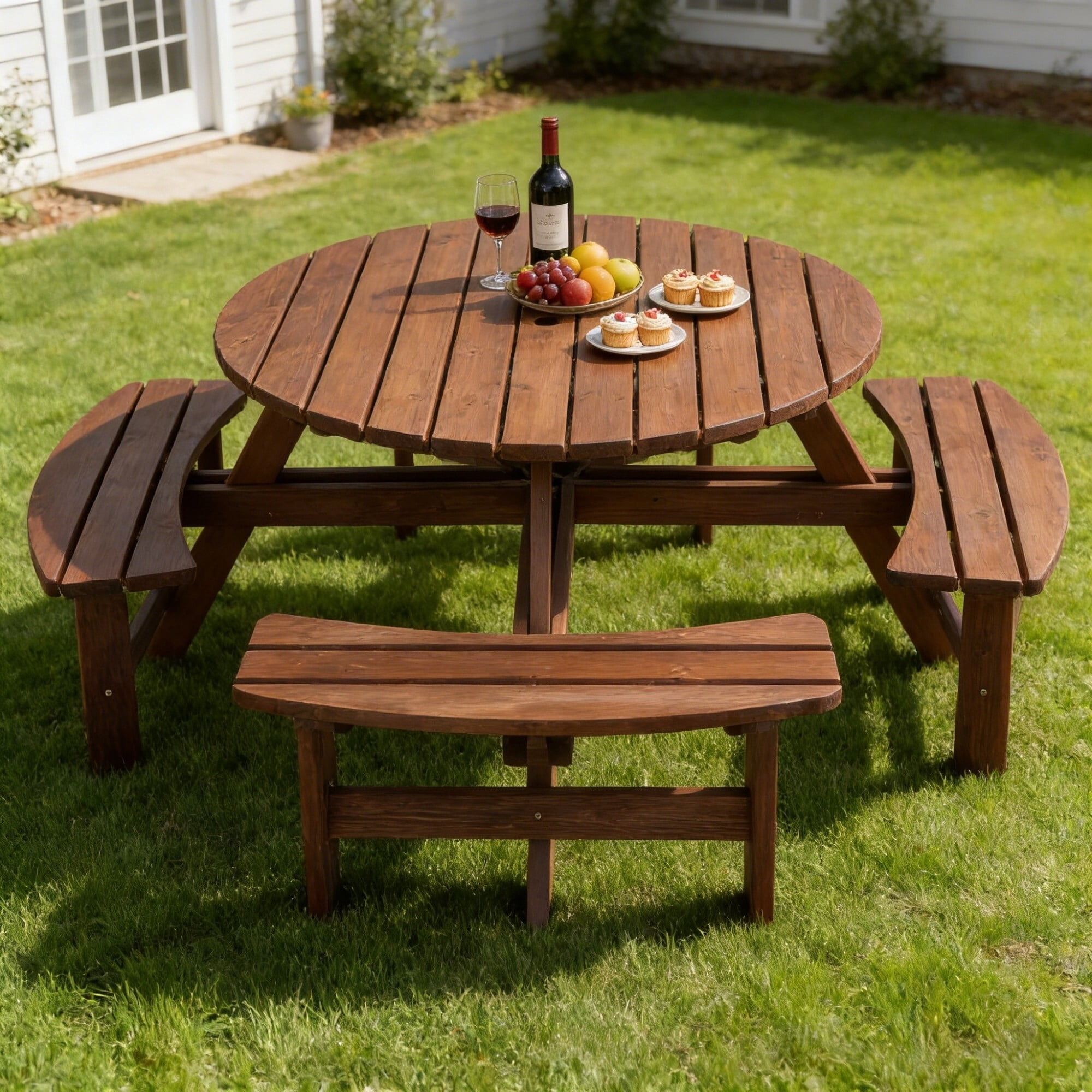 DEALTOPS 8-Person Wooden Picnic Table, 43" Round Outdoor Dining Set with 4 Benches & 2" Umbrella Hole, Brown