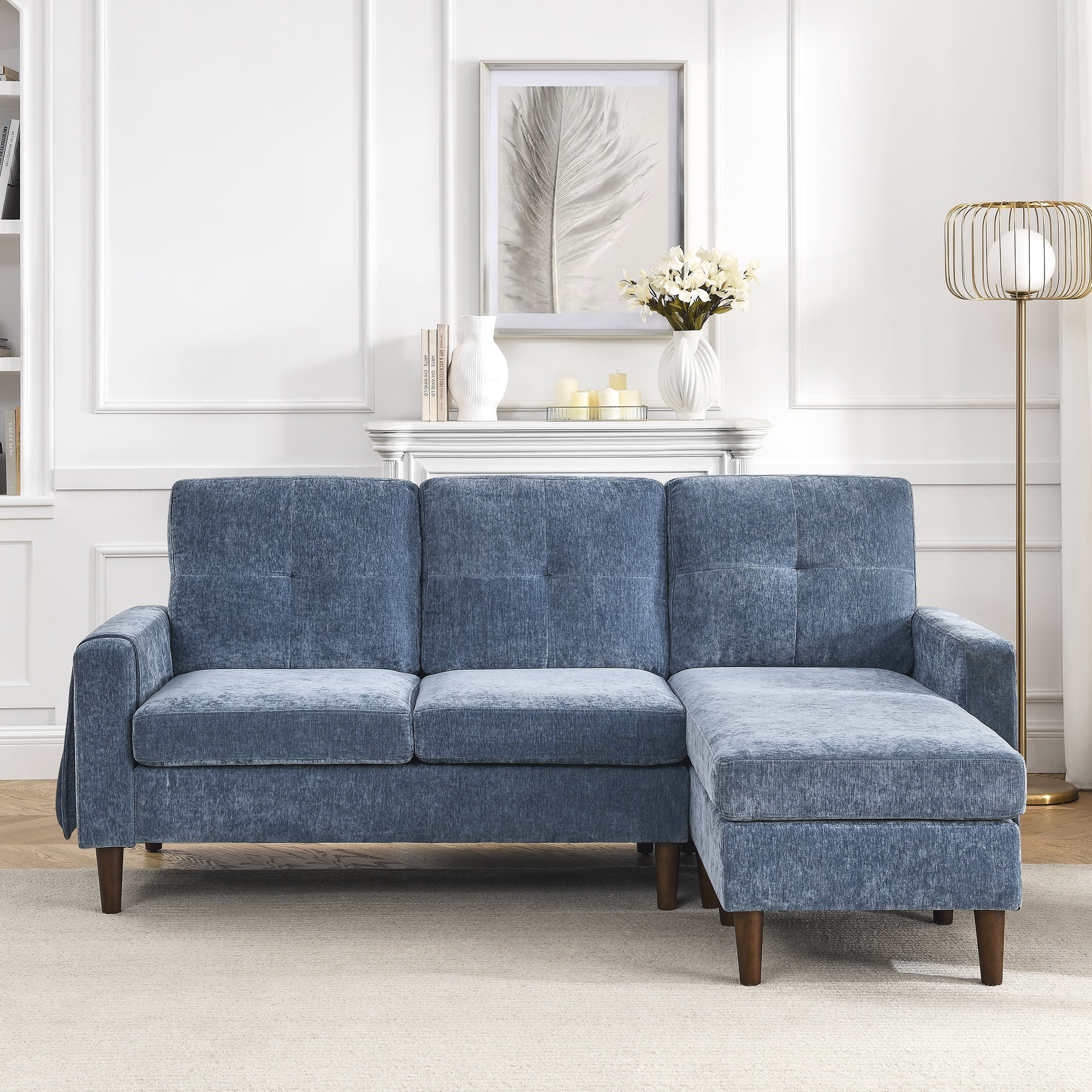 DEALTOPS 80" Convertible Sectional Sofa Couch with Movable Ottoman 3 Seats L-Shape Sofa Chaise for Living Room - Blue