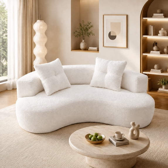 DEALTOPS 80" Curved Boucle Floor Sofa, 3-Seater Boneless Cloud Couch with 2 Pillows, No Assembly, Beige
