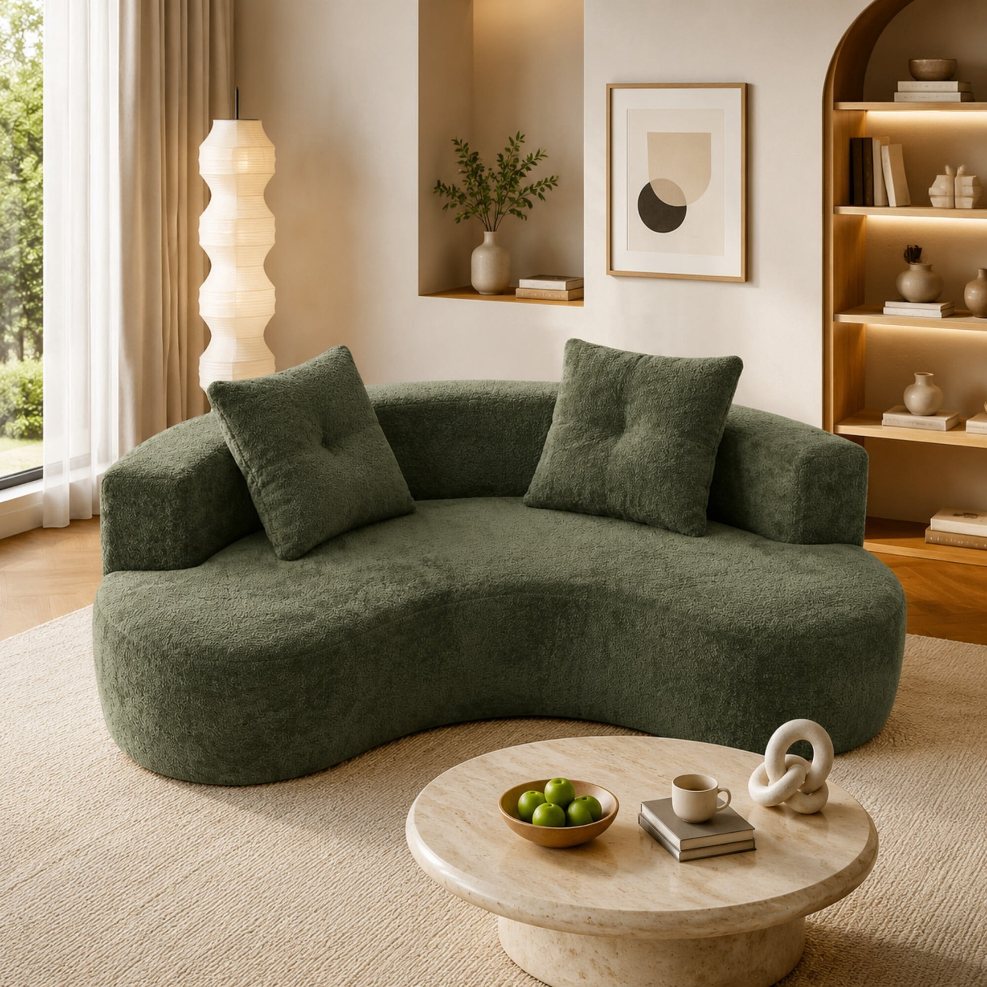 DEALTOPS 80" Curved Boucle Floor Sofa, 3-Seater Boneless Cloud Couch with 2 Pillows, No Assembly, Green