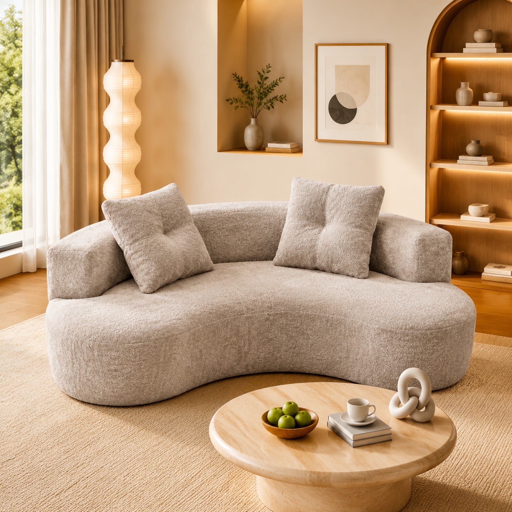 DEALTOPS 80" Curved Boucle Floor Sofa, 3-Seater Boneless Cloud Couch with 2 Pillows, No Assembly, Oatmeal