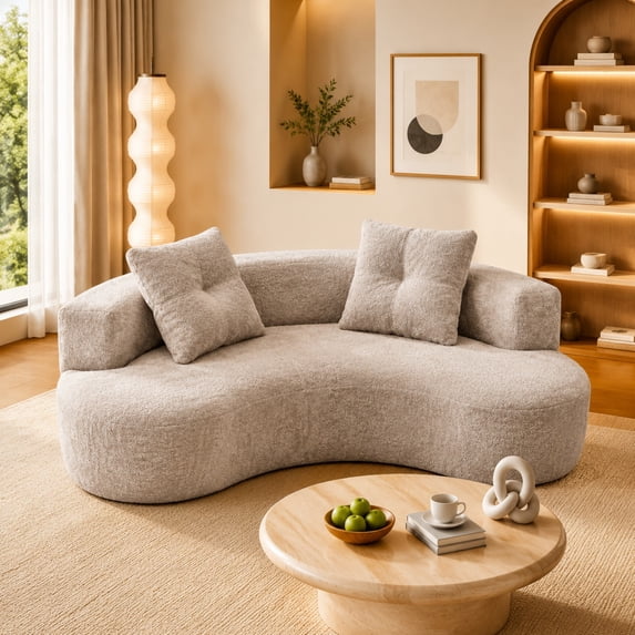 DEALTOPS 80" Curved Boucle Floor Sofa, 3-Seater Boneless Cloud Couch with 2 Pillows, No Assembly, Oatmeal