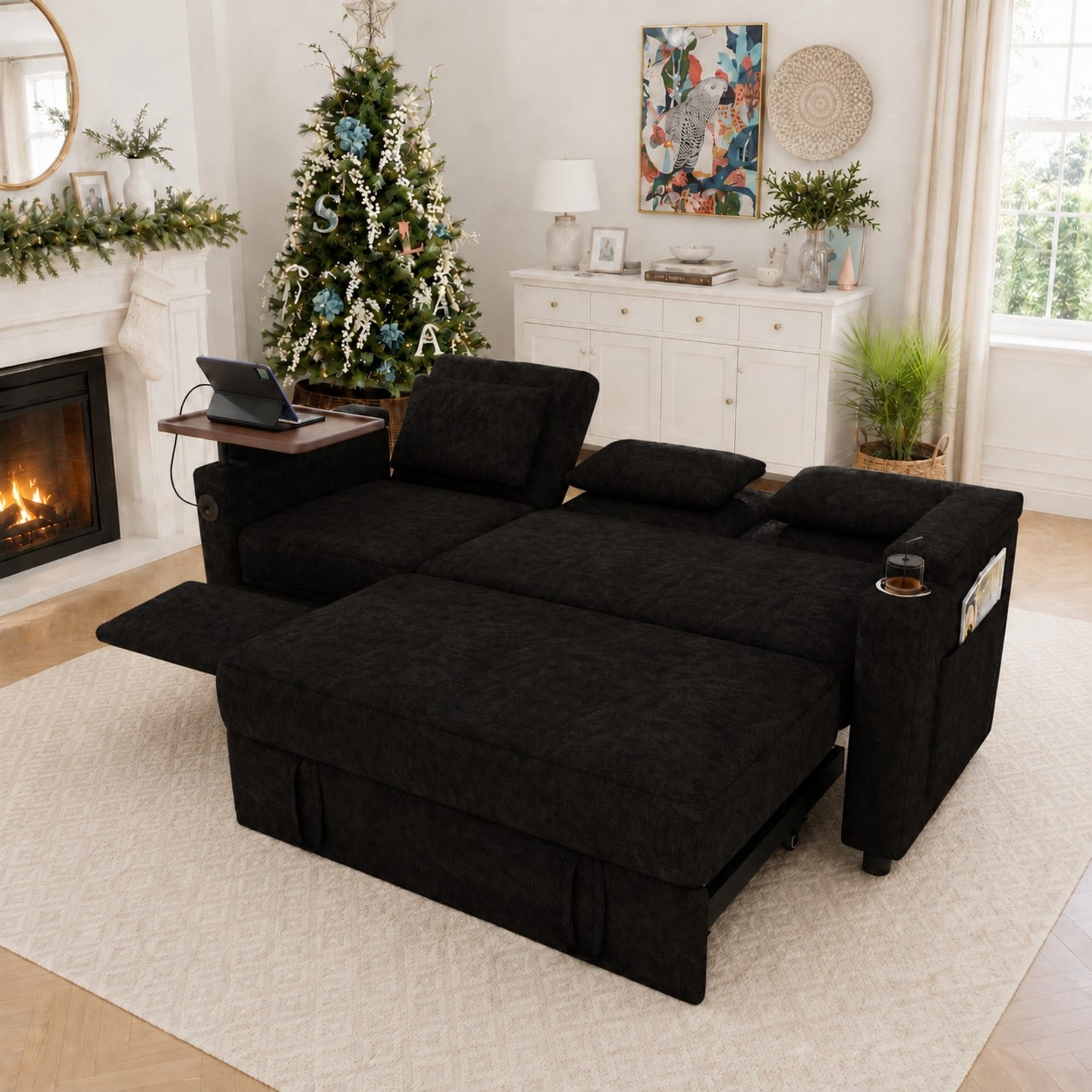 DEALTOPS 81" Chenille Pull-Out Sleeper Sofa Bed with Recliner, Tray Table, USB Ports & Storage, Black