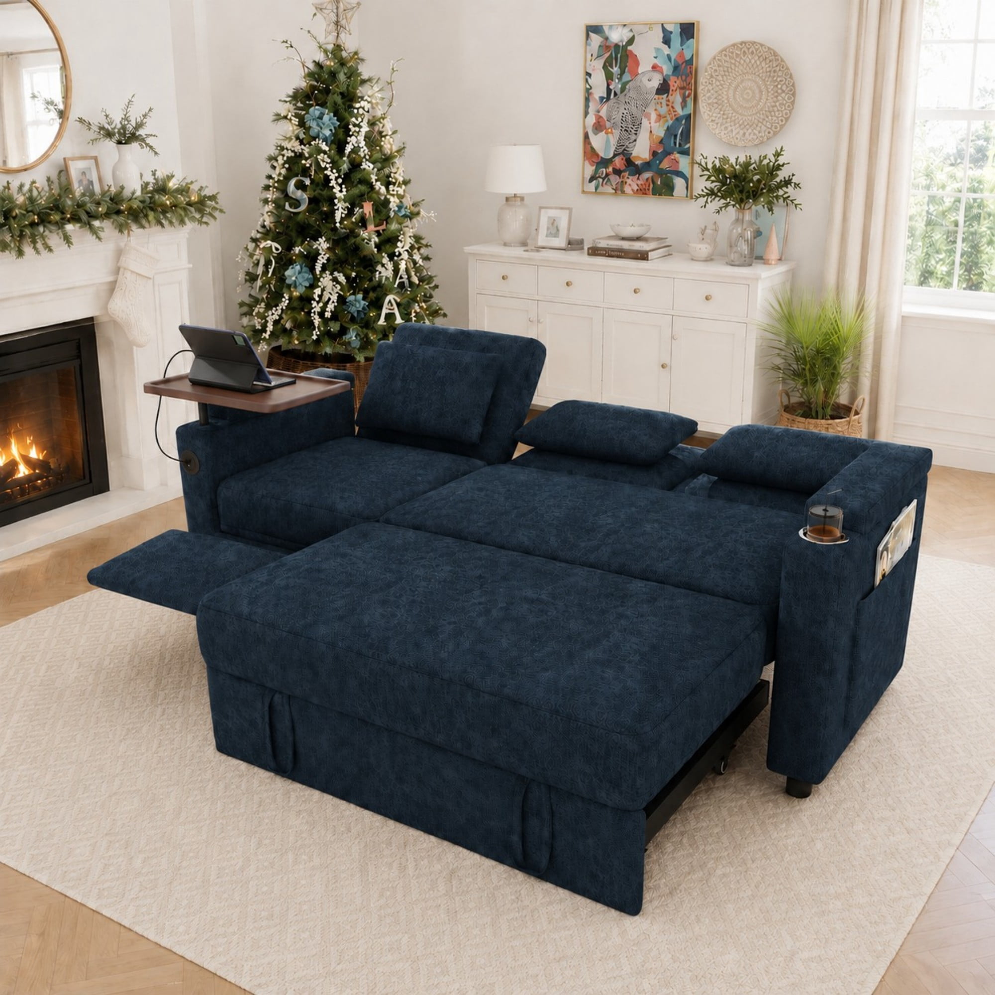 DEALTOPS 81" Chenille Pull-Out Sleeper Sofa Bed with Recliner, Tray Table, USB Ports & Storage, Blue