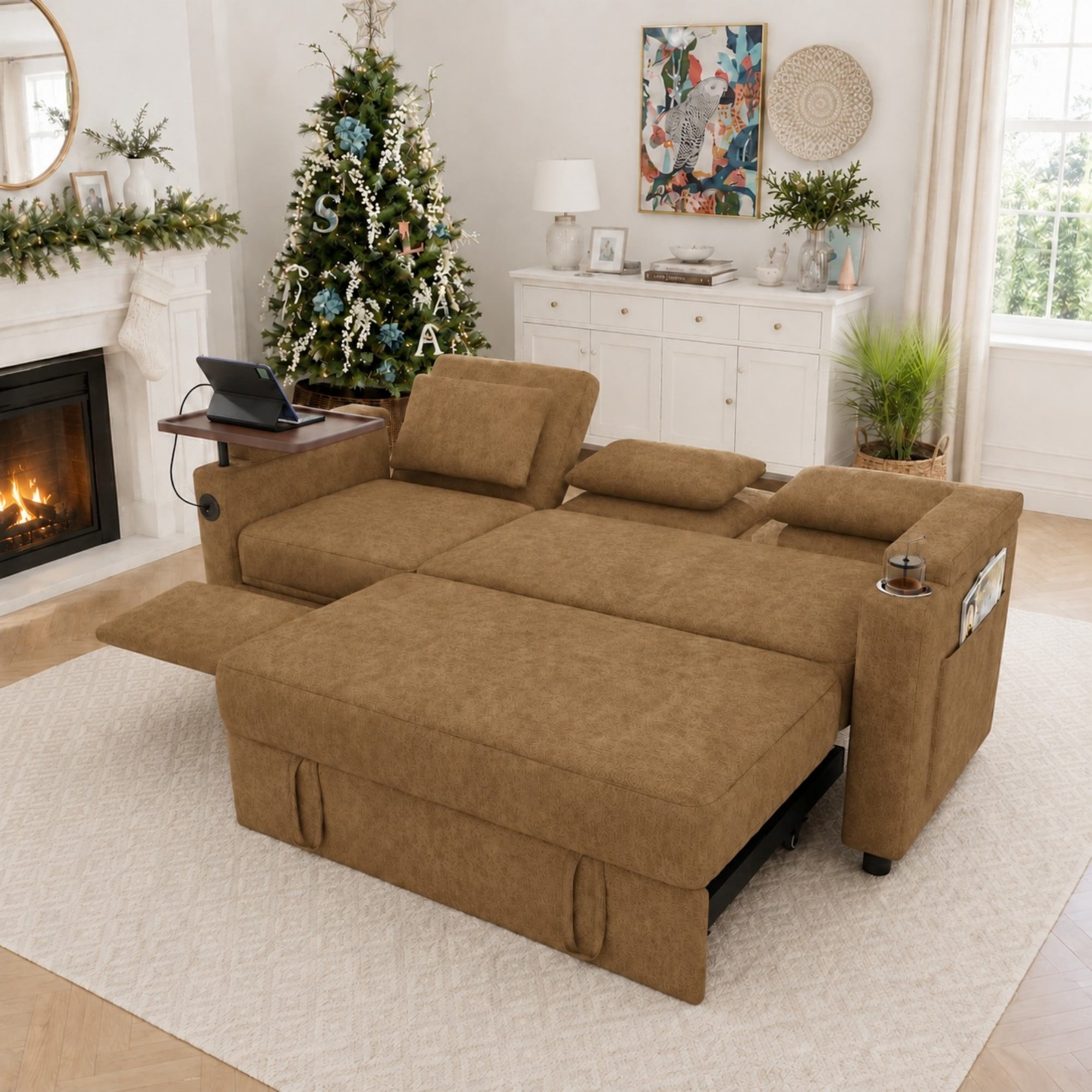 DEALTOPS 81" Chenille Pull-Out Sleeper Sofa Bed with Recliner, Tray Table, USB Ports & Storage, Brown