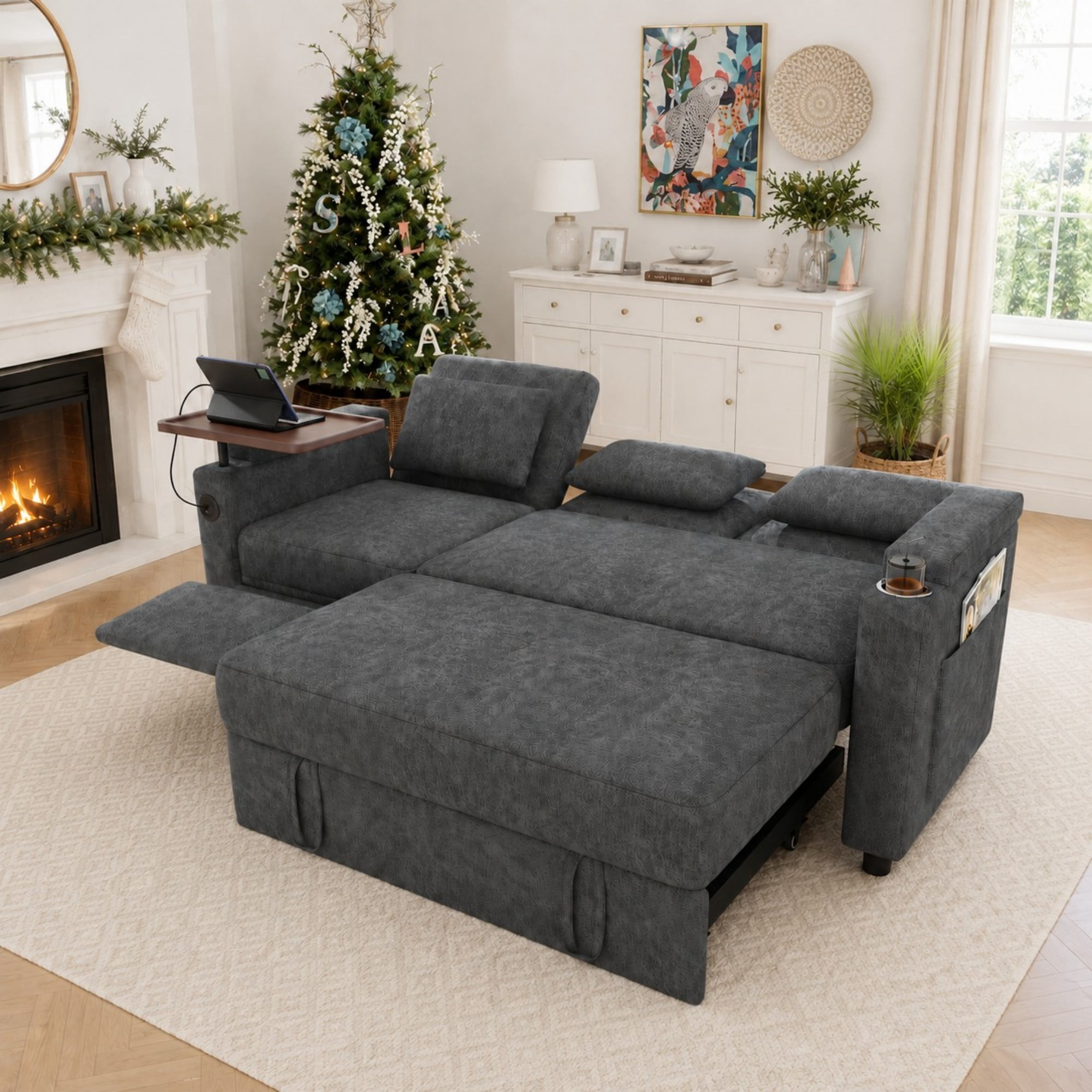 DEALTOPS 81" Chenille Pull-Out Sleeper Sofa Bed with Recliner, Tray Table, USB Ports & Storage, Dark Gray
