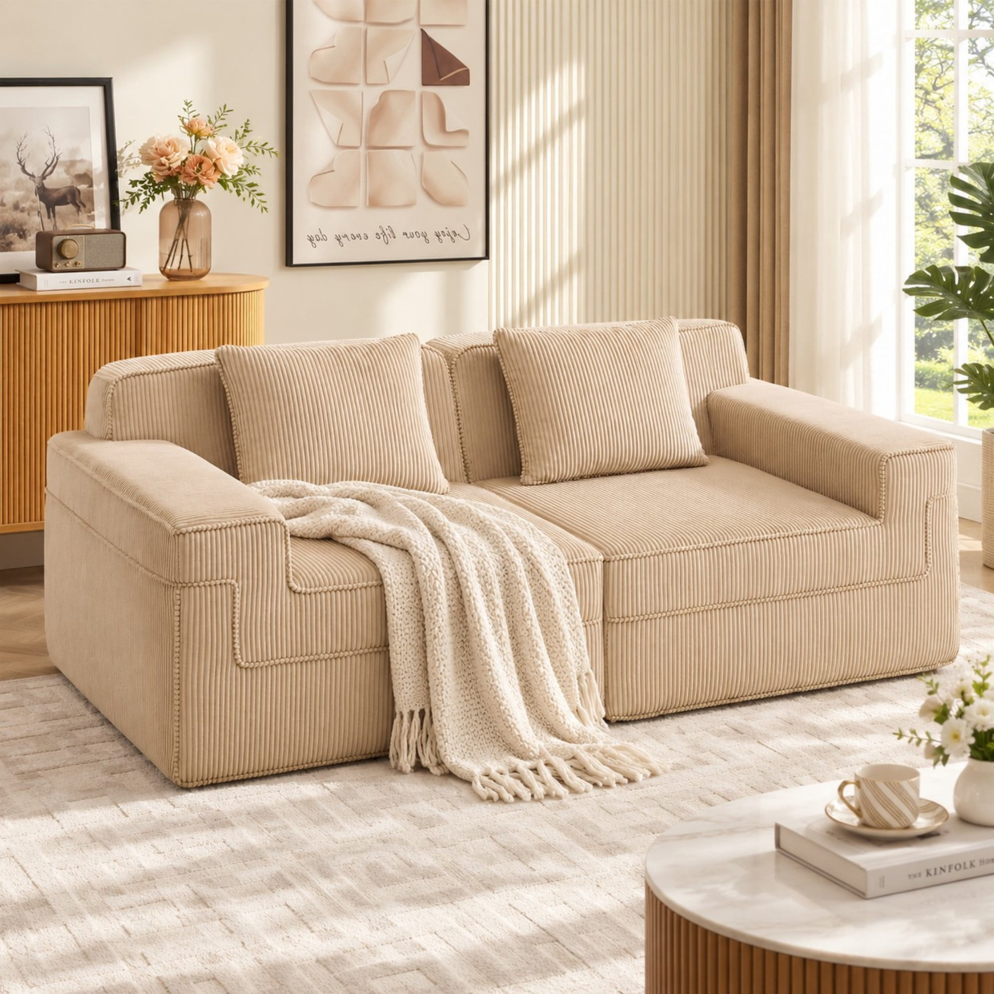 DEALTOPS 81" Modern Corduroy Floor Sofa, Modular 2-Seater Cloud Couch with Deep Seats & 2 Pillows, Beige