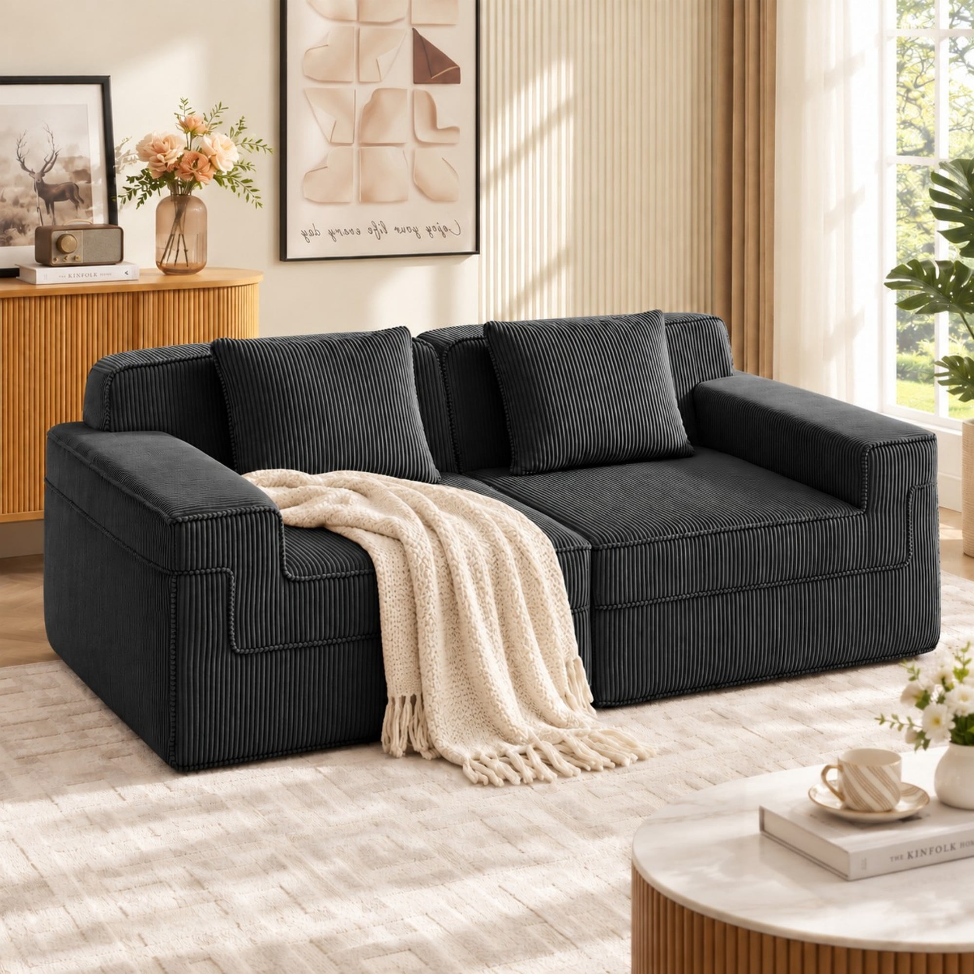 DEALTOPS 81" Modern Corduroy Floor Sofa, Modular 2-Seater Cloud Couch with Deep Seats & 2 Pillows, Black