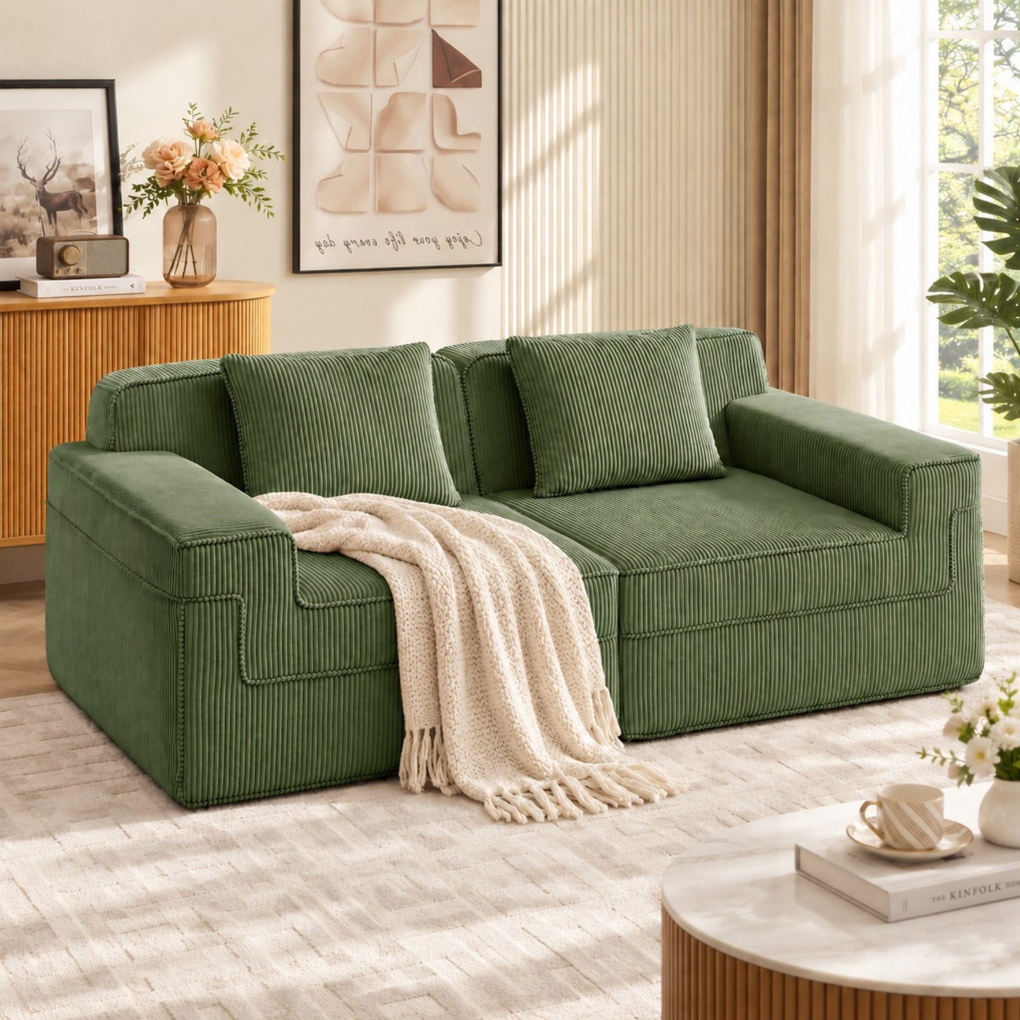 DEALTOPS 81" Modern Corduroy Floor Sofa, Modular 2-Seater Cloud Couch with Deep Seats & 2 Pillows, Green