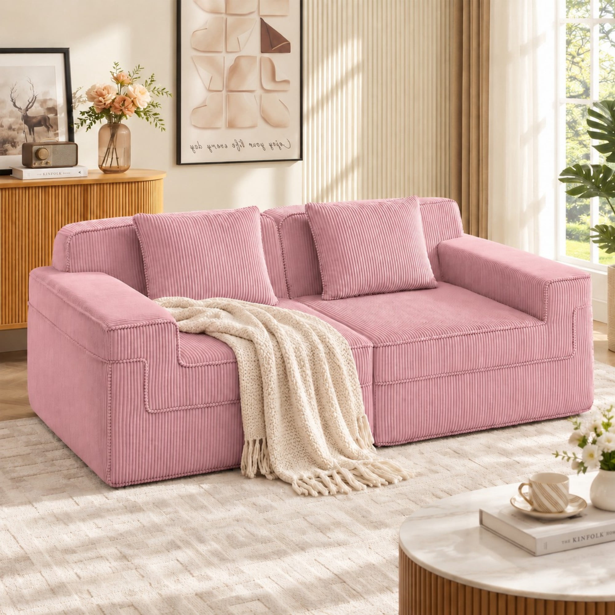 DEALTOPS 81" Modern Corduroy Floor Sofa, Modular 2-Seater Cloud Couch with Deep Seats & 2 Pillows, Pink