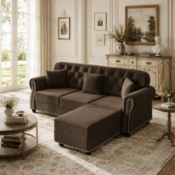 DEALTOPS 82.6 Inch Reversible Chesterfield Velvet Sectional Sofa Couch with Ottoman, Tufted Nailhead Trim, Brown