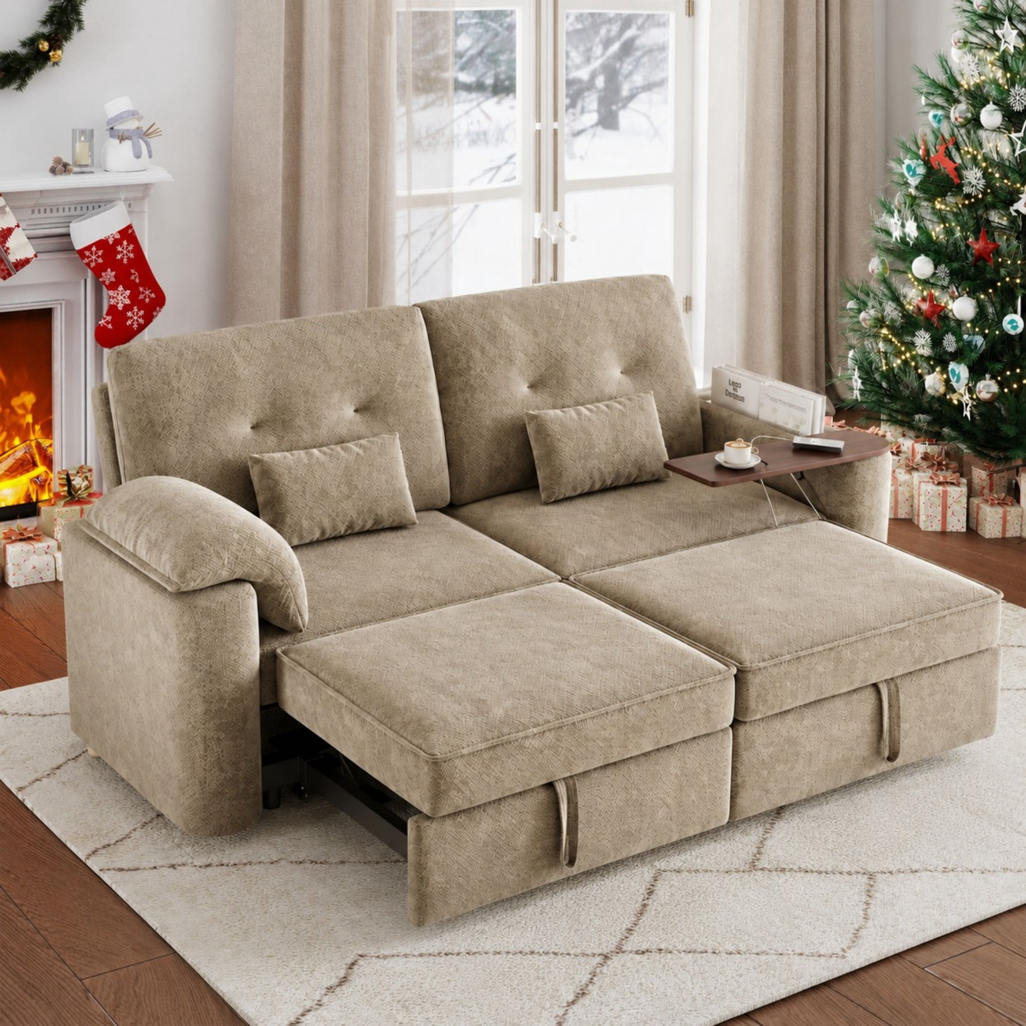 DEALTOPS 82" Chenille 3-in-1 Convertible Sleeper Sofa Bed with 270° Swivel Table & USB Ports, Beige