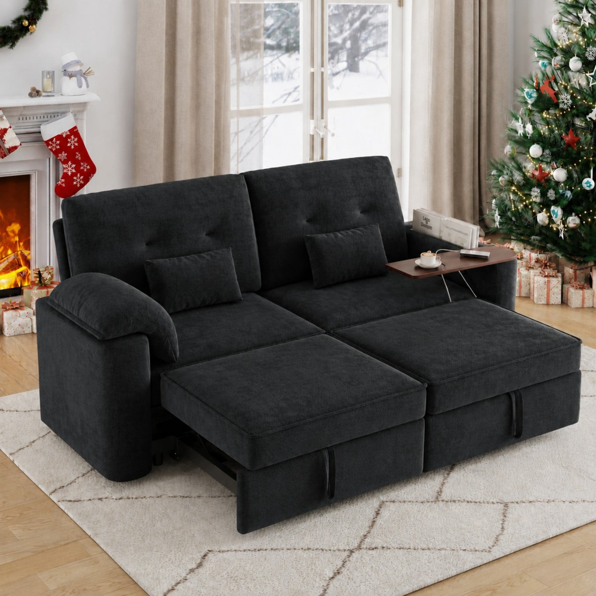 DEALTOPS 82" Chenille 3-in-1 Convertible Sleeper Sofa Bed with 270° Swivel Table & USB Ports, Black