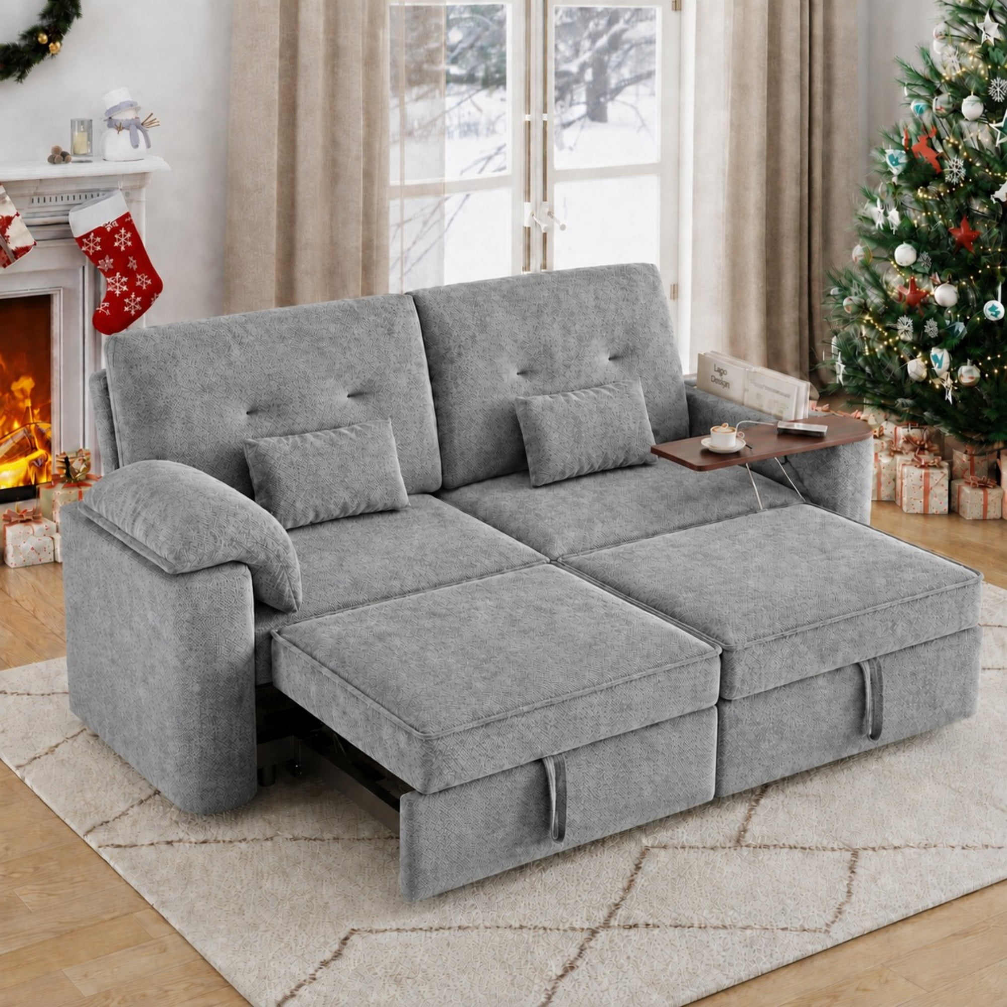 DEALTOPS 82" Chenille 3-in-1 Convertible Sleeper Sofa Bed with 270° Swivel Table & USB Ports, Gray