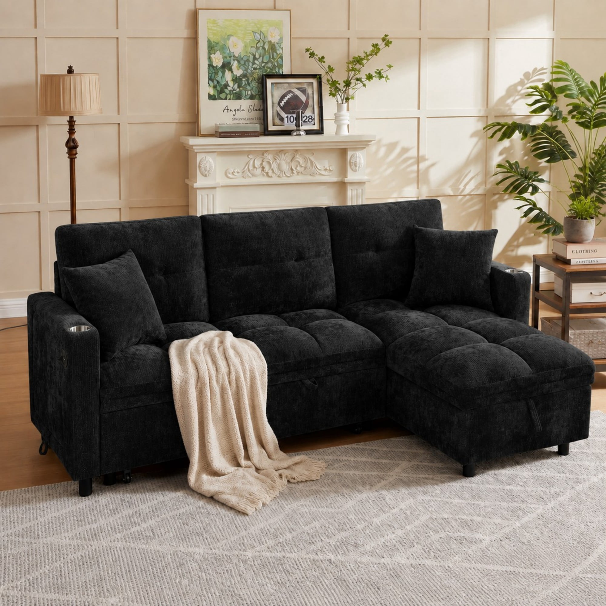DEALTOPS 82" Chenille L-Shaped Pull-Out Sleeper Sofa Bed, Reversible Storage Chaise & Tray Table, Black