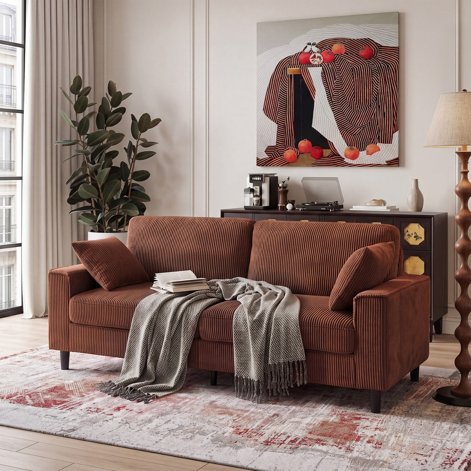 DEALTOPS 82" Corduroy Loveseat Sofa, 2-Seater Upholstered Couch with Sturdy Iron & Wood Frame, Chocolate Brown