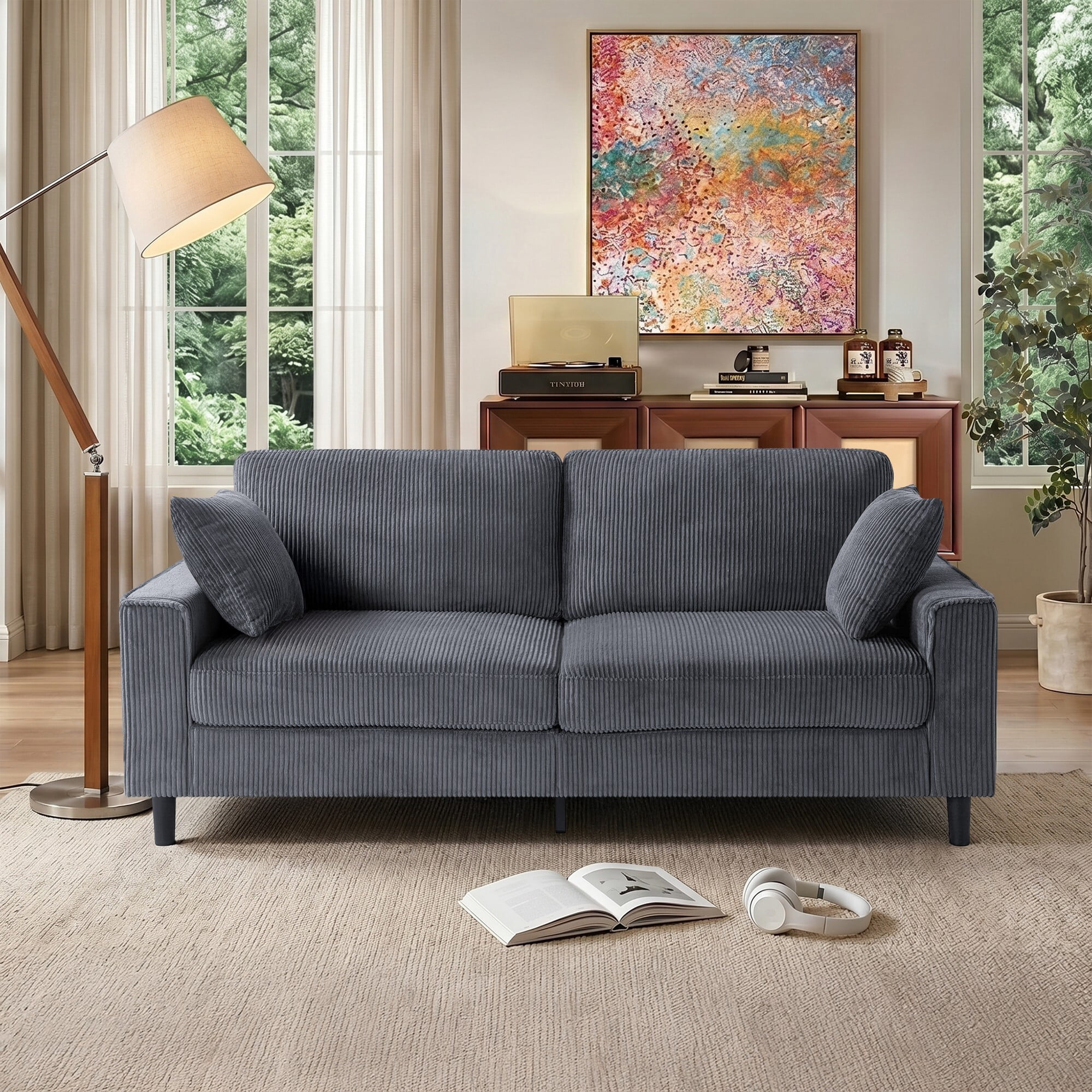 DEALTOPS 82" Corduroy Loveseat Sofa, 2-Seater Upholstered Couch with Sturdy Iron & Wood Frame, Dark Gray