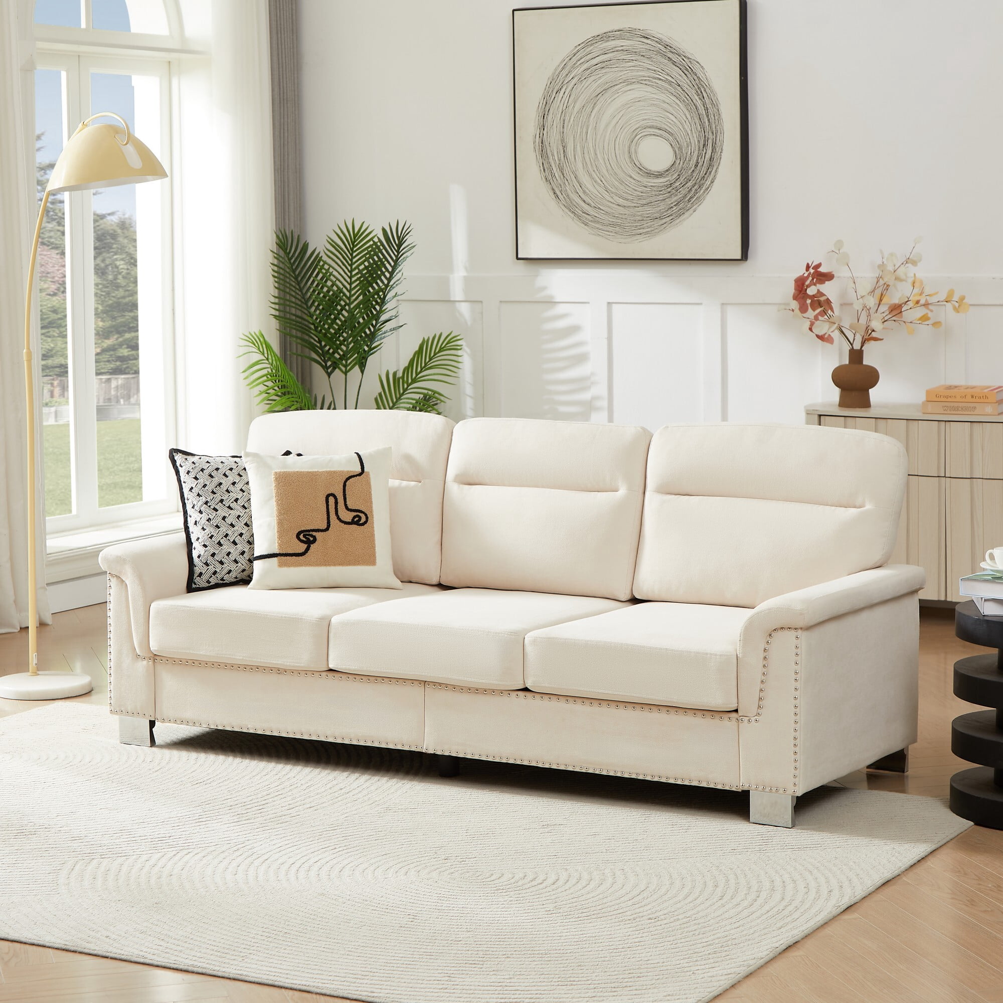 DEALTOPS 82" Modern Ice & Snow Velvet 3-Seater Sofa — Living Room Couch with Rolled Arms & Nailheads, Beige