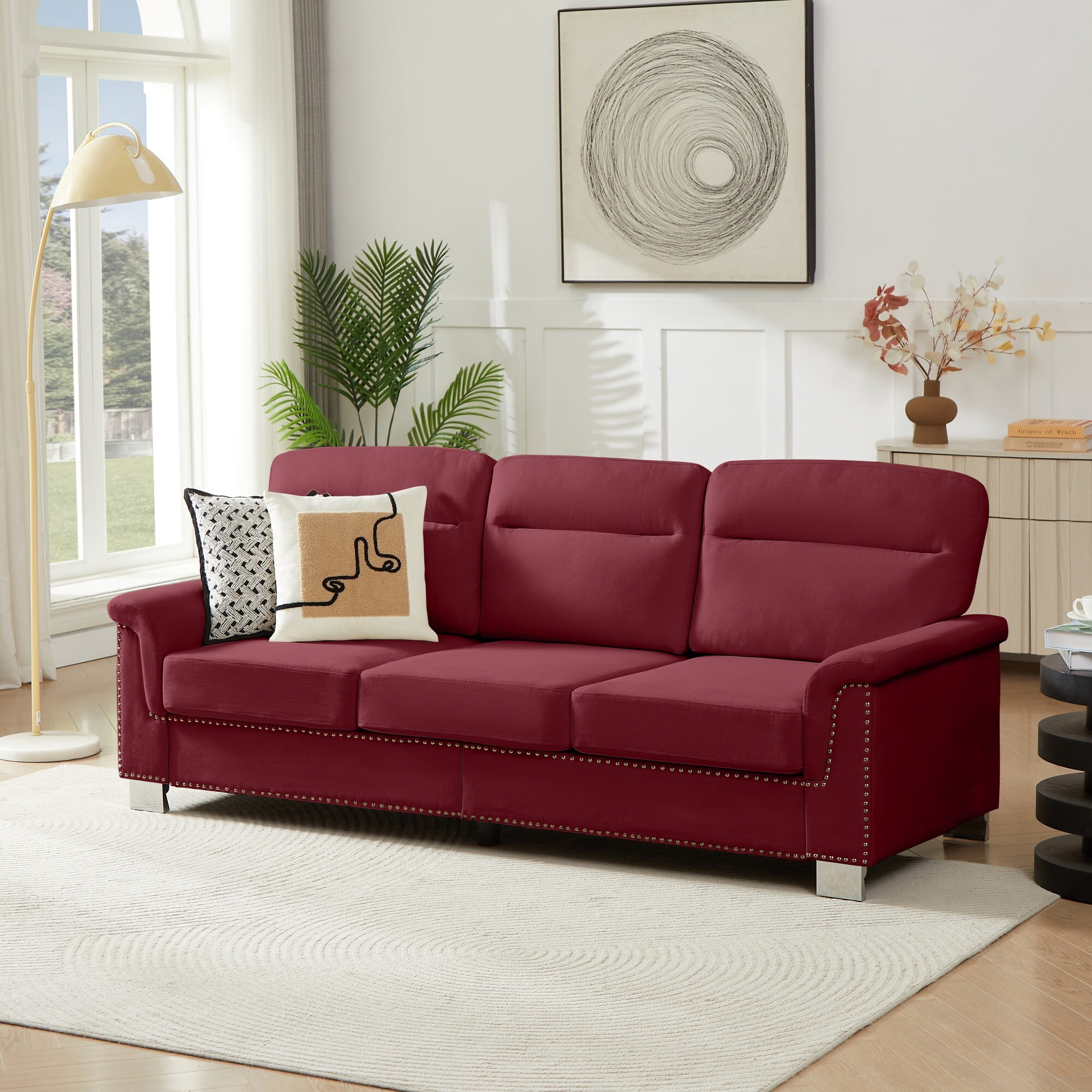 DEALTOPS 82" Modern Ice & Snow Velvet 3-Seater Sofa — Living Room Couch with Rolled Arms & Nailheads, Burgundy