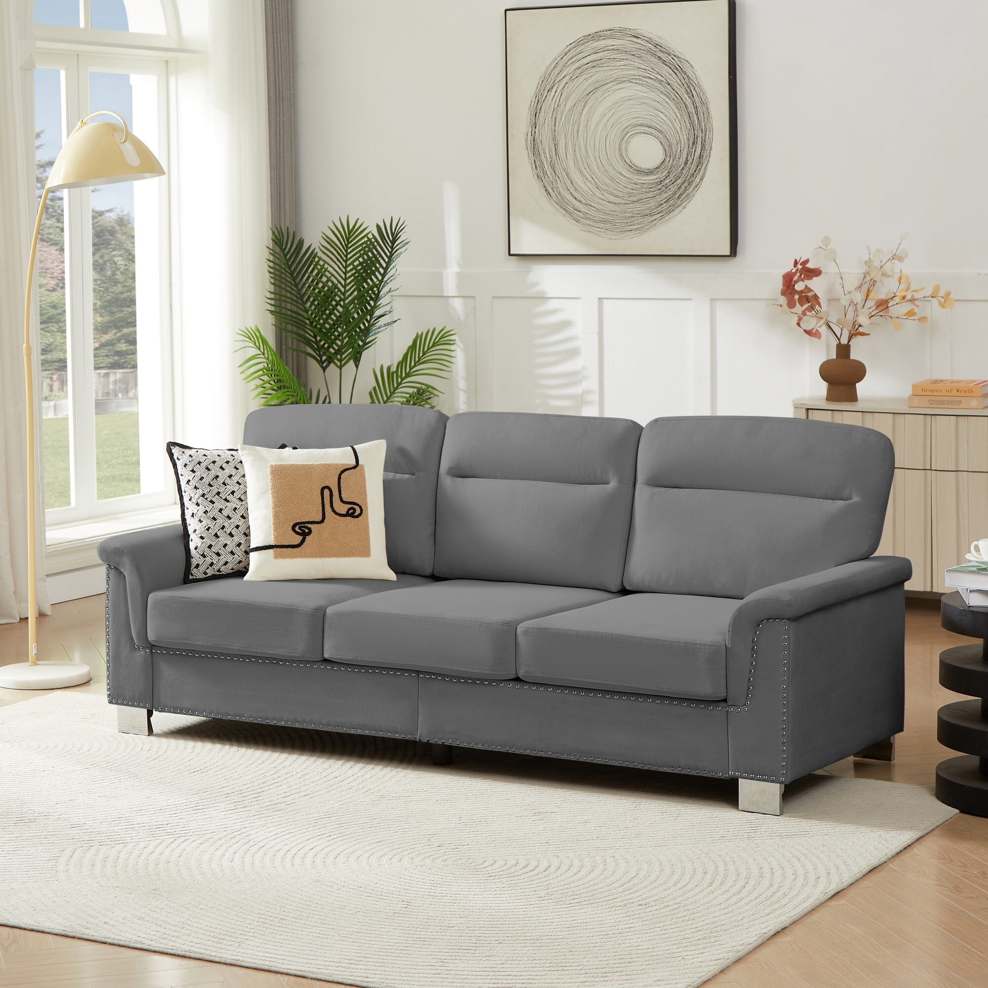 DEALTOPS 82" Modern Ice & Snow Velvet 3-Seater Sofa — Living Room Couch with Rolled Arms & Nailheads, Gray