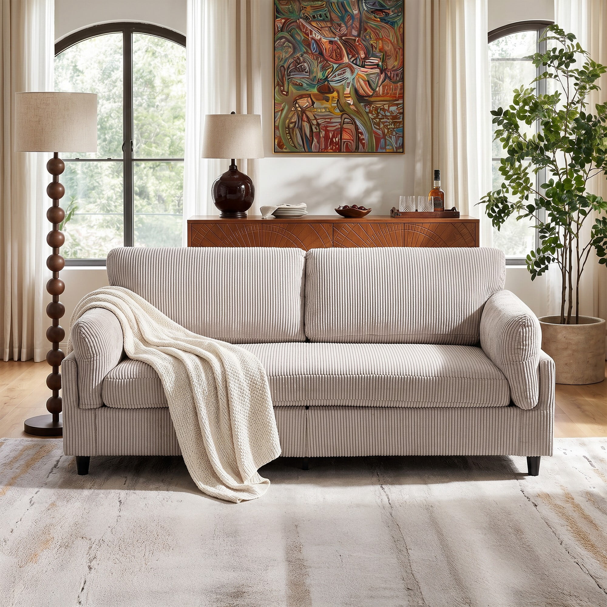 DEALTOPS 83" Corduroy Loveseat Sofa, 850lbs Heavy Duty 2-Seater Couch, Iron & Wood Frame, Oatmeal Beige