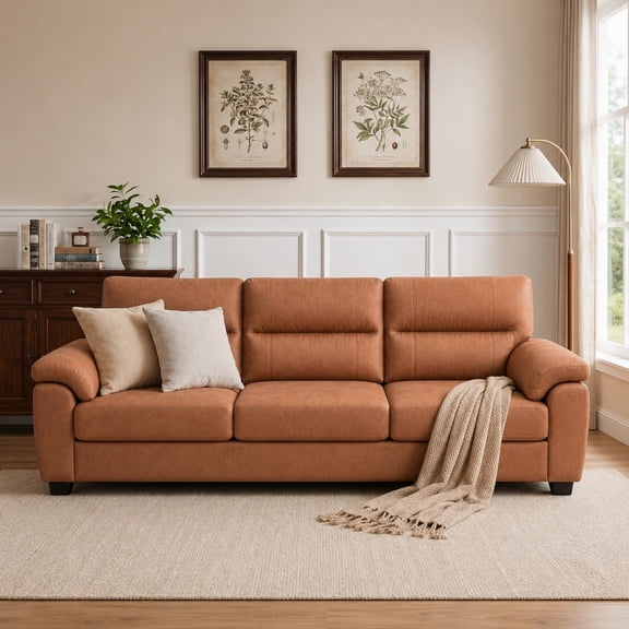 DEALTOPS 84" Tech Cloth 3-Seat Sofa, Mid-Century Vintage Couch with Pillow Arms, Brown