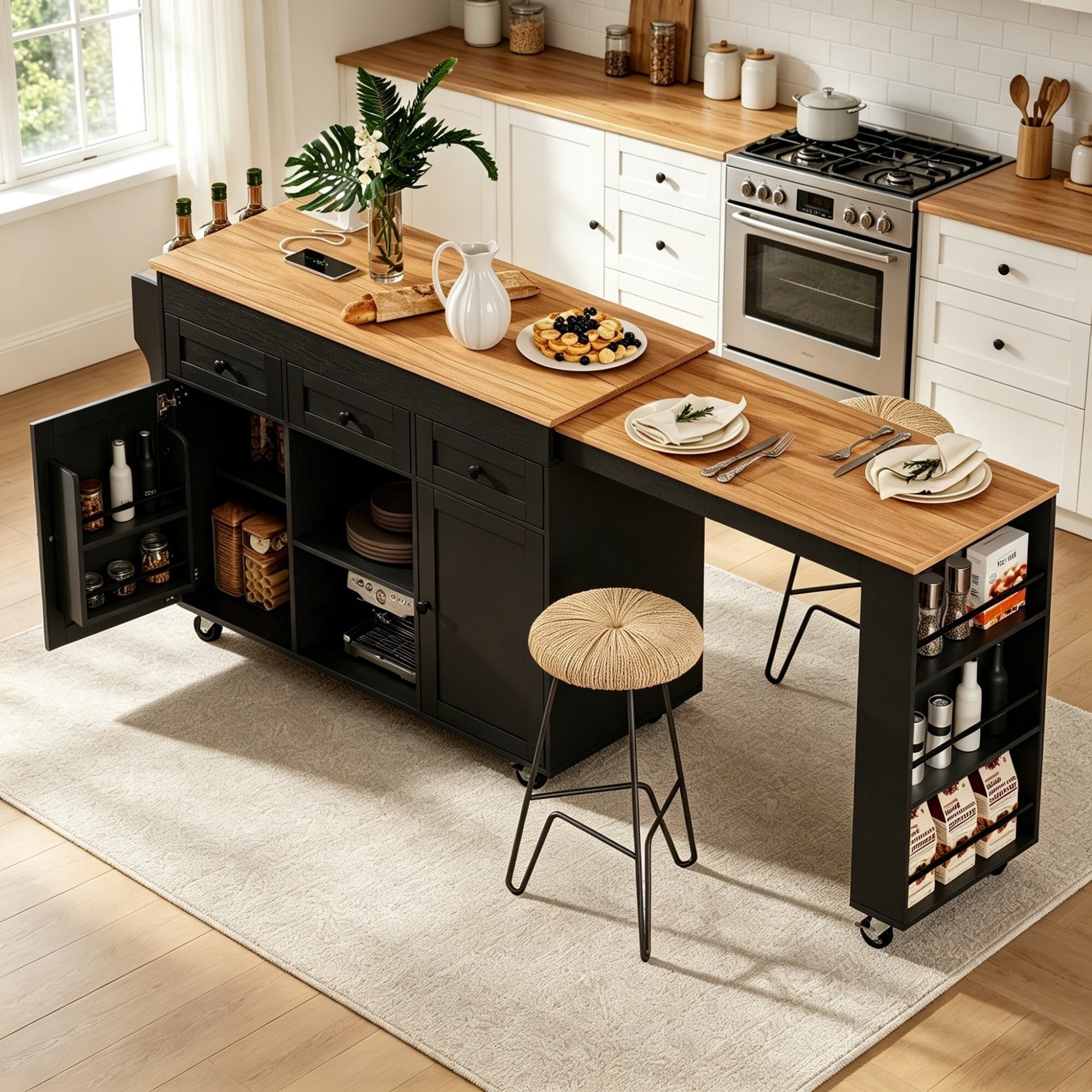 DEALTOPS 85.8" Rolling Kitchen Island on Wheels with Power Outlet, Extendable Table with Side Shelves, Black