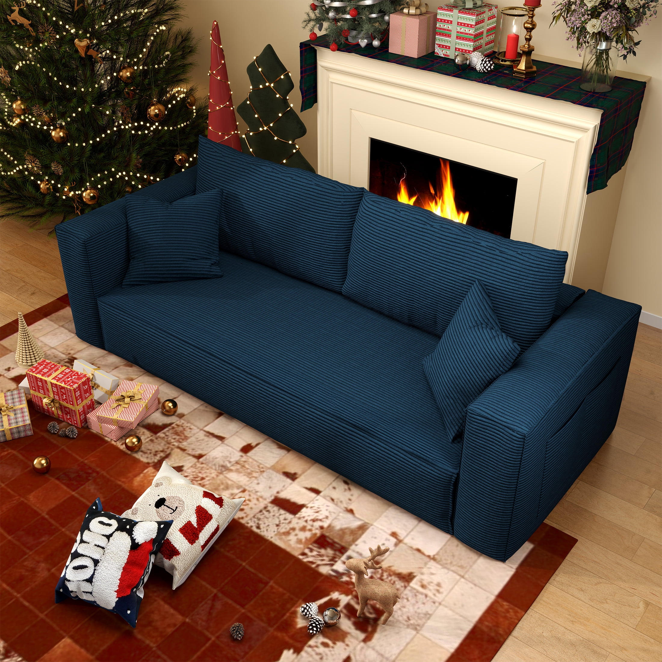 DEALTOPS 88" Loveseat Sofa, 3 Seater Pure Sponge Foam, Corduroy for Living Room, Easy Assembly，Blue