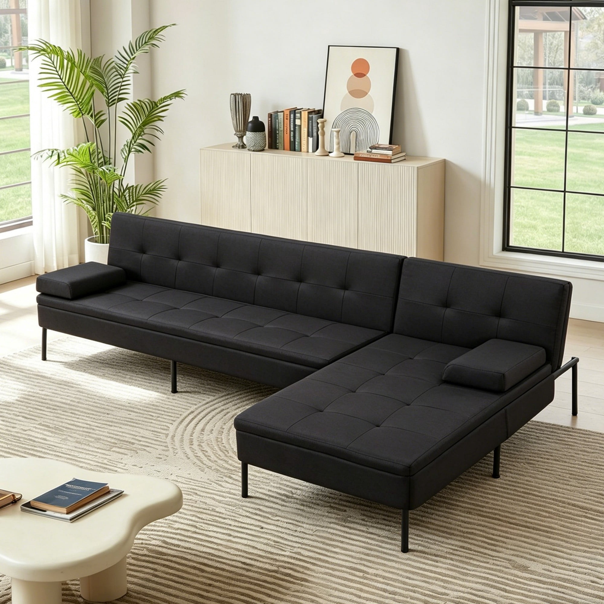 DEALTOPS 89.4” Convertible Sectional Sofa Bed, L-Shaped Futon with Reversible Chaise & 5-Position Backrest, Black