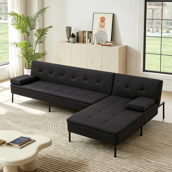 DEALTOPS 89.4 Convertible Sectional Sofa Bed, L-Shaped Futon with Reversible Chaise & 5-Position Backrest, Black