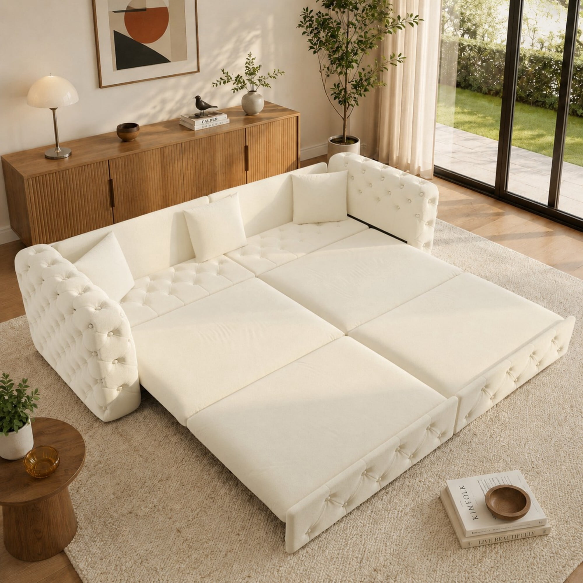 DEALTOPS 89 Inch Chesterfield Tufted Velvet 3 in 1 Pull Out Sofa Bed, 4 Seater Tuxedo Living Room Couch, Beige