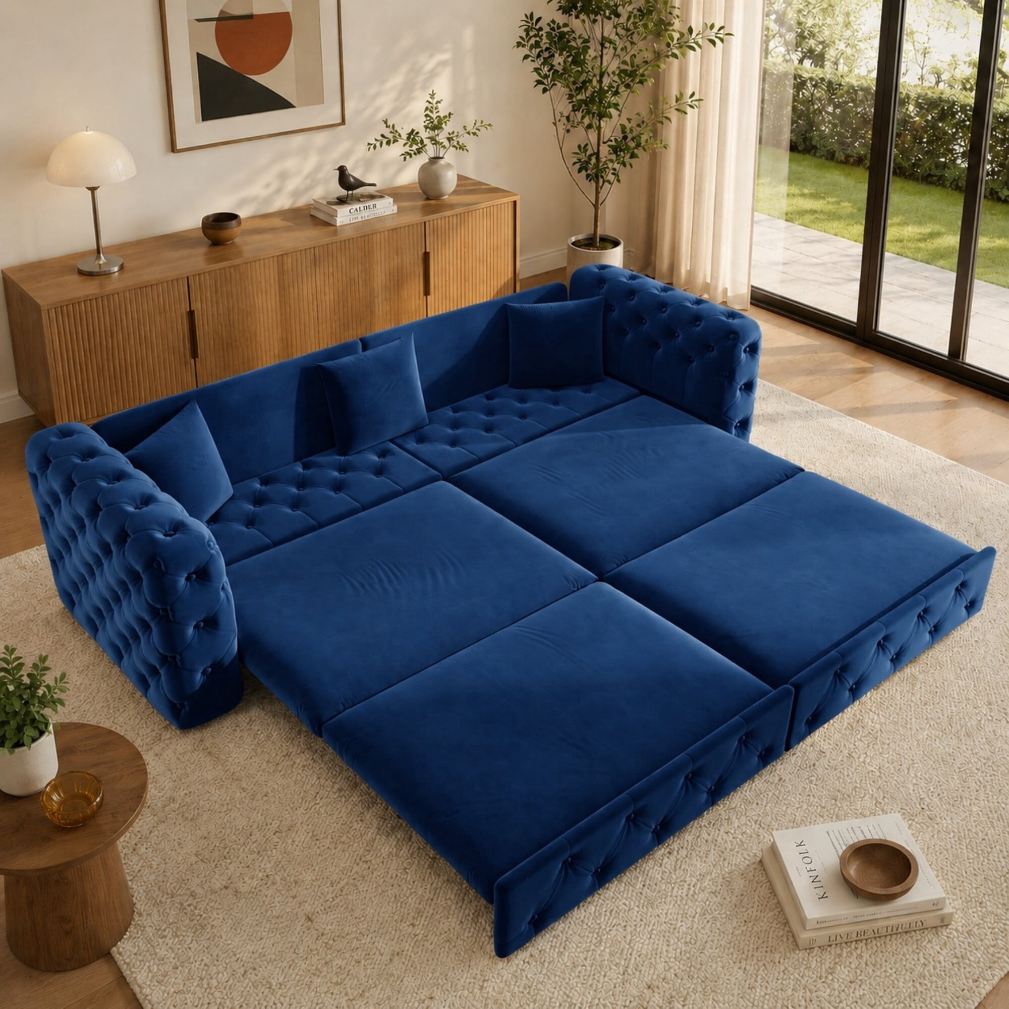 DEALTOPS 89 Inch Chesterfield Tufted Velvet 3 in 1 Pull Out Sofa Bed, 4 Seater Tuxedo Living Room Couch, Blue