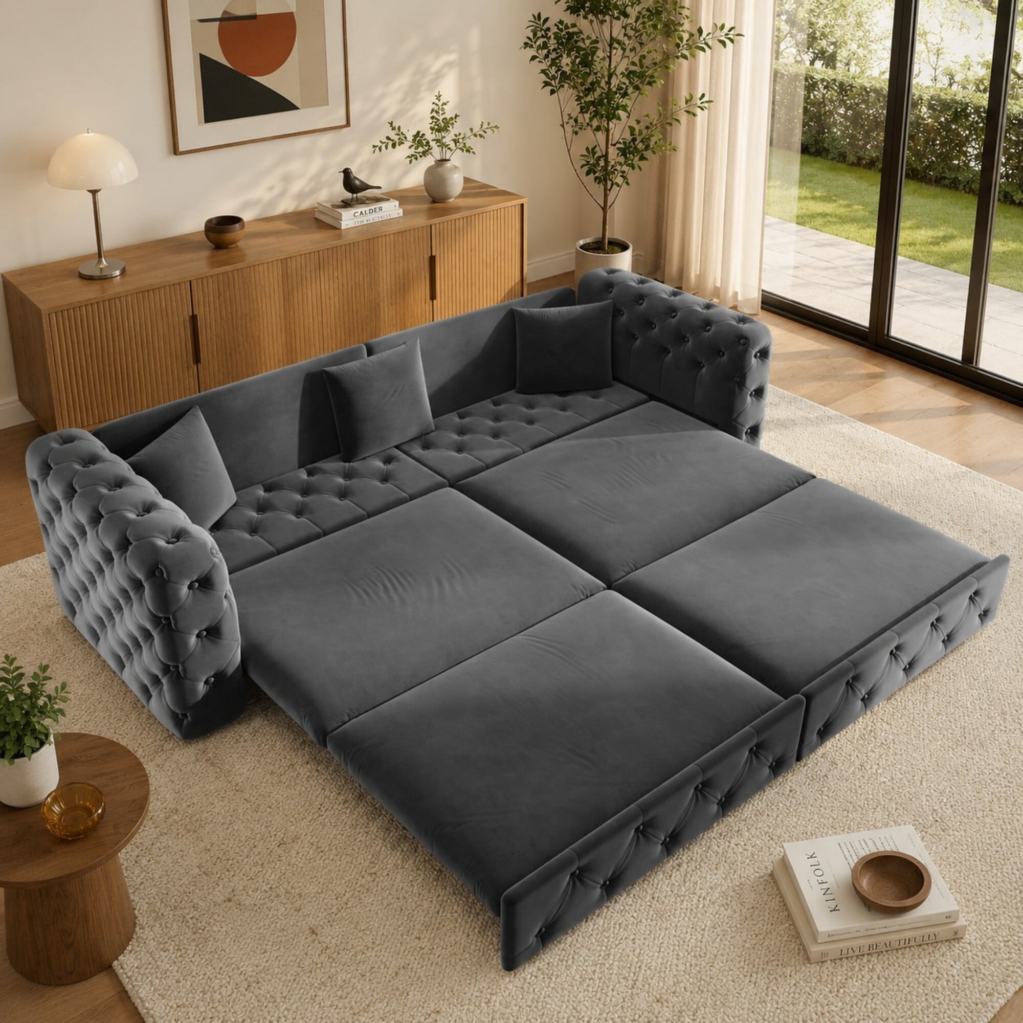 DEALTOPS 89 Inch Chesterfield Tufted Velvet 3 in 1 Pull Out Sofa Bed, 4 Seater Tuxedo Living Room Couch, Gray