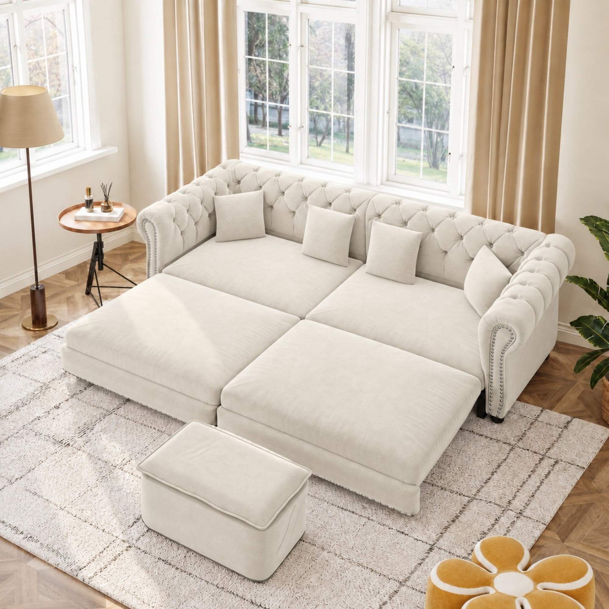 DEALTOPS 89" Velvet King Size Pull-Out Sofa Bed, 3-in-1 Convertible Sleeper Sofa with Ottoman & 4 Pillows, Beige