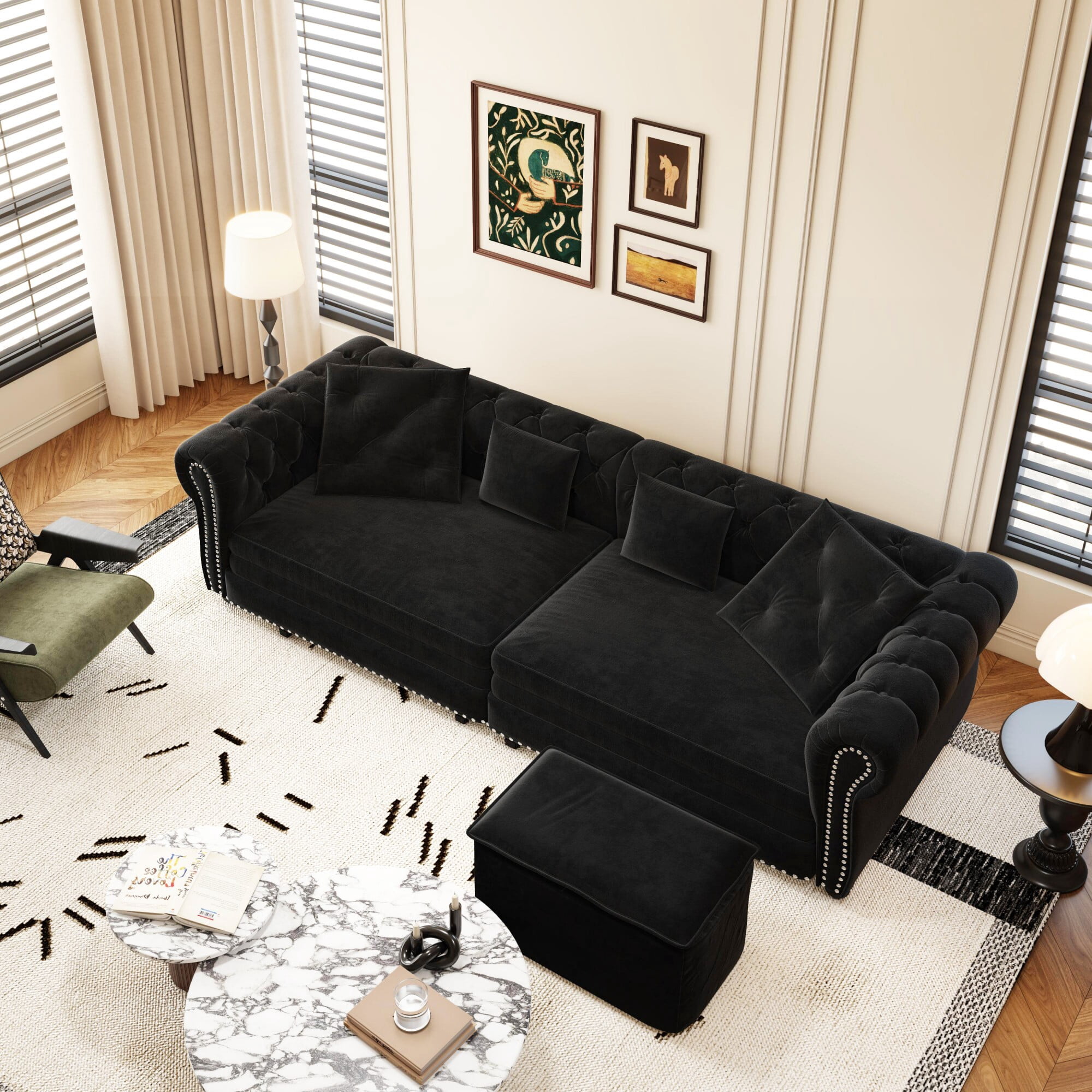 DEALTOPS 89" Velvet King Size Pull-Out Sofa Bed, 3-in-1 Convertible Sleeper Sofa with Ottoman & 4 Pillows, Black