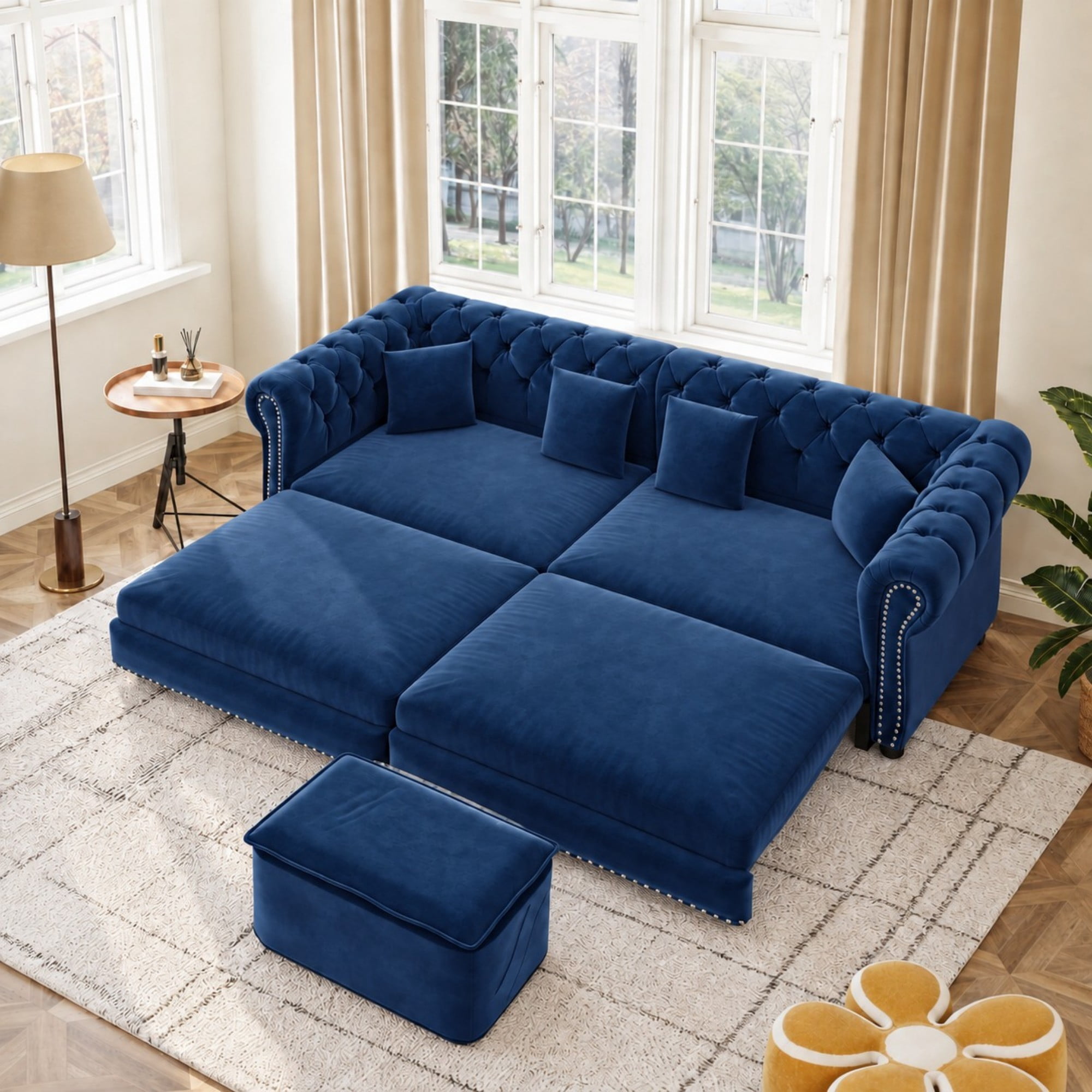 DEALTOPS 89" Velvet King Size Pull-Out Sofa Bed, 3-in-1 Convertible Sleeper Sofa with Ottoman & 4 Pillows, Blue