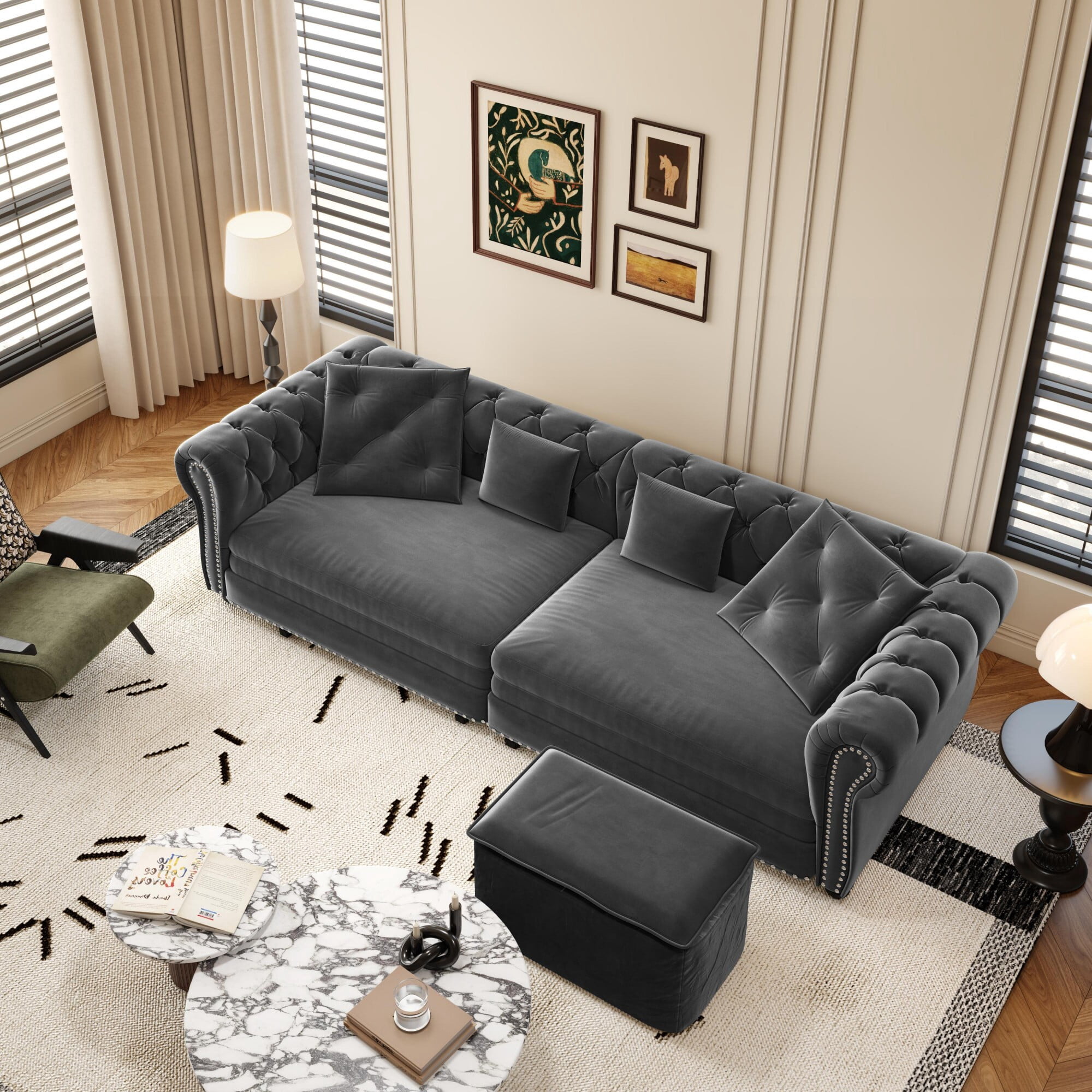 DEALTOPS 89" Velvet King Size Pull-Out Sofa Bed, 3-in-1 Convertible Sleeper Sofa with Ottoman & 4 Pillows, Gray