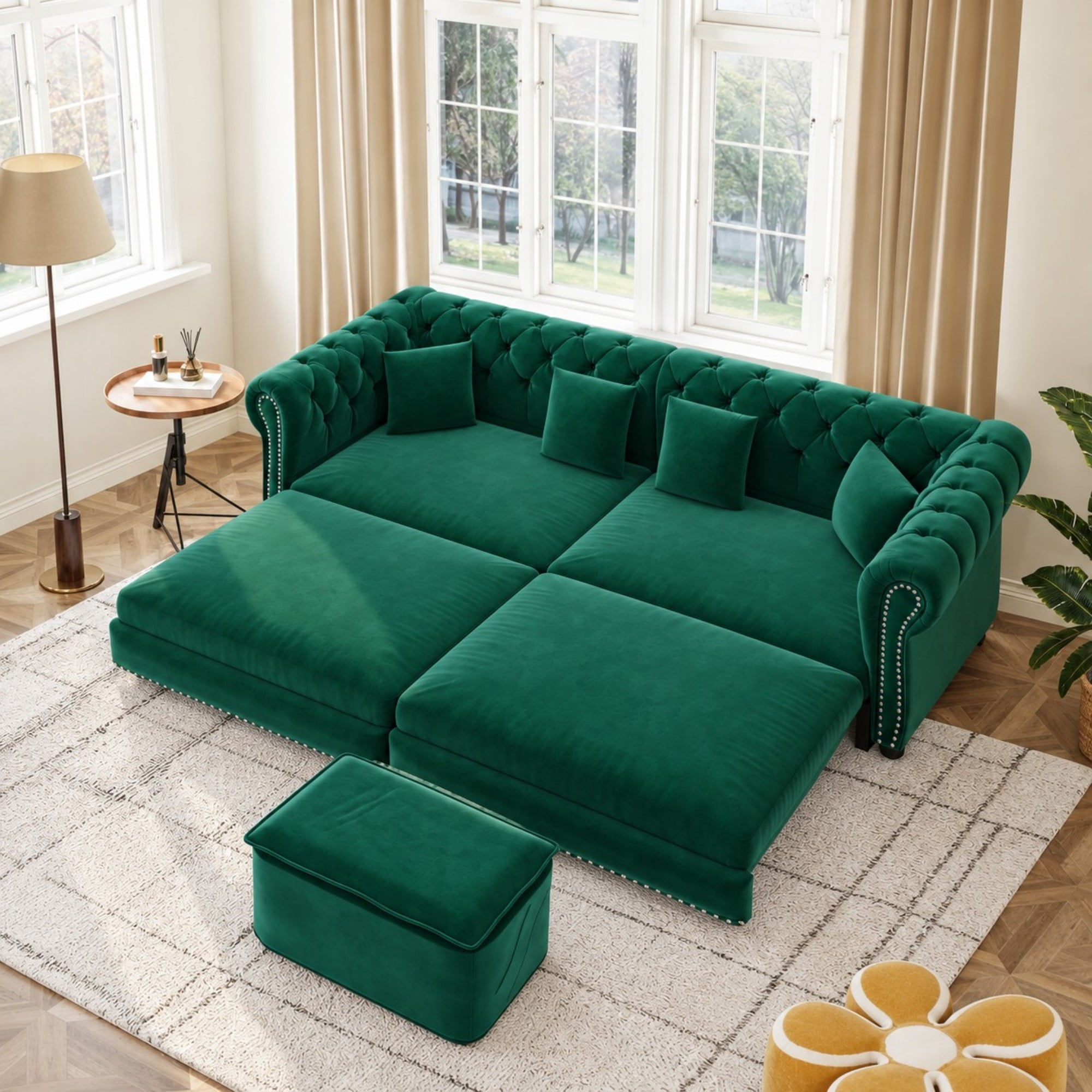 DEALTOPS 89" Velvet King Size Pull-Out Sofa Bed, 3-in-1 Convertible Sleeper Sofa with Ottoman & 4 Pillows, Green