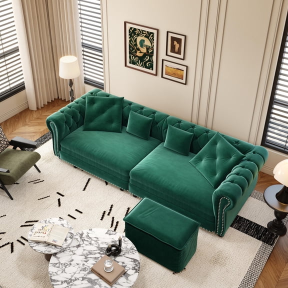 DEALTOPS 89" Velvet King Size Pull-Out Sofa Bed, 3-in-1 Convertible Sleeper Sofa with Ottoman & 4 Pillows, Green