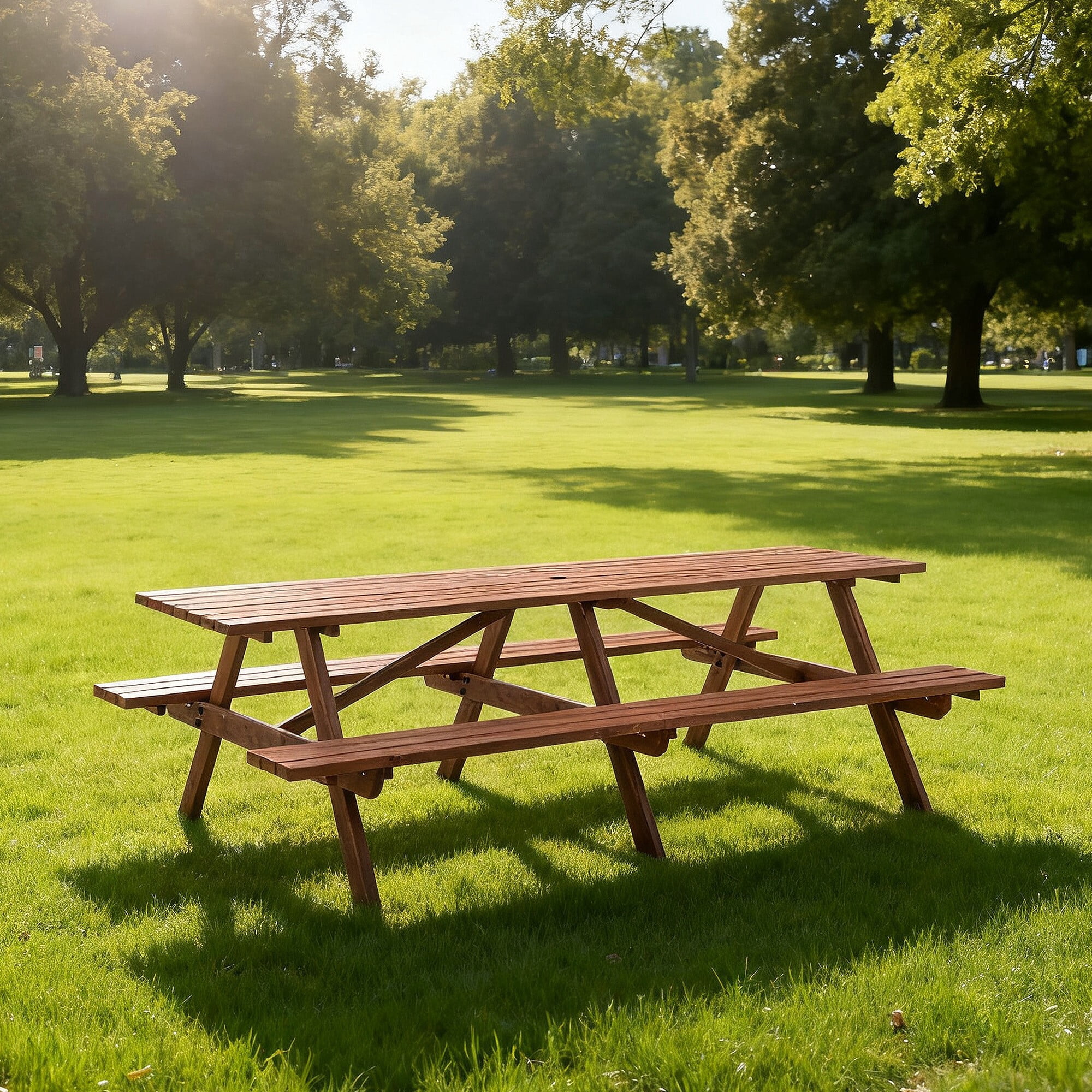DEALTOPS 8ft Class Extra Long Wooden Picnic Table Seats 12, Heavy Duty Outdoor Patio Dining Set with Umbrella Hole